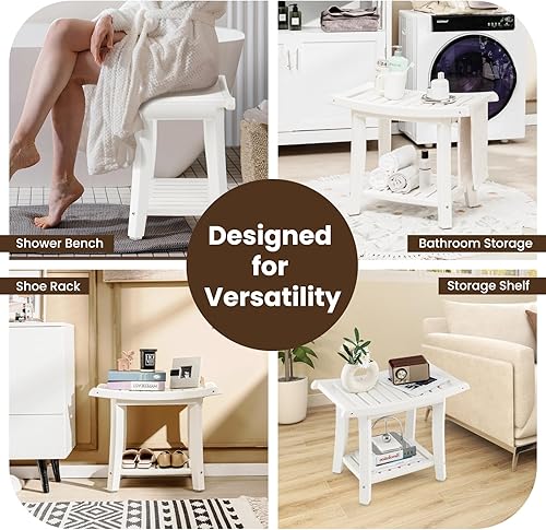 Miniatura 7 de GOFLAME Banco de ducha de 2 niveles, taburete de ducha de baño de spa con asiento curvo, 2 asas fáciles de agarrar, estante de almacenamiento y