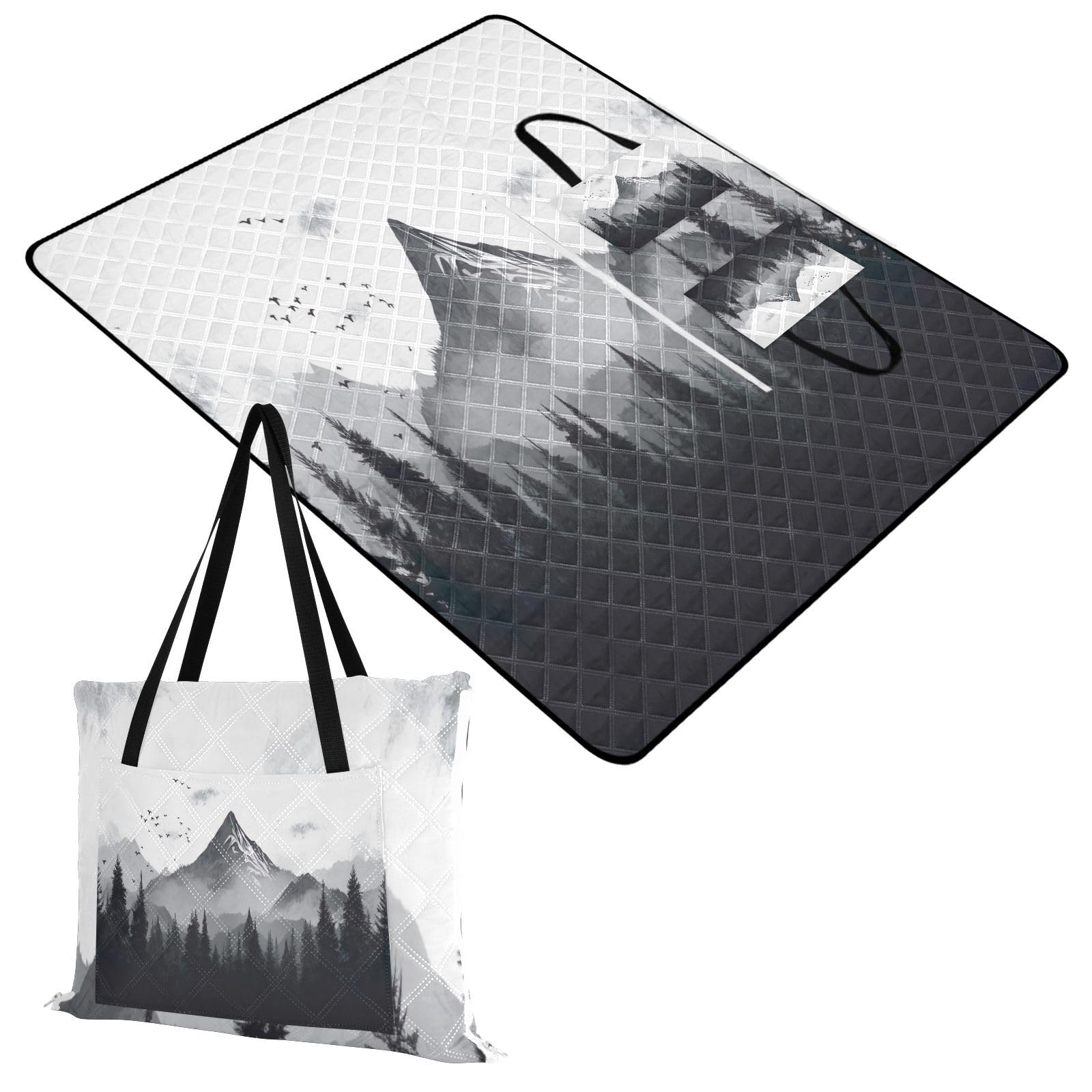 Flradish Nature Mountain Picnic Blankets,Foldable Hand Bag Beach Blanket with Carry Strap Waterproof Sandproof Outdoor Blankets for Camping Park Travel 60x80 Inches