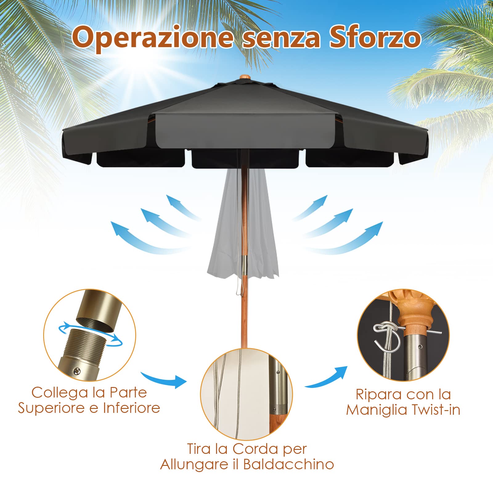 RELAX4LIFE Ombrellone da Giardino 3 x 3 M Rotondo, Ombrellone da Esterno con Tela Impermeabile e Anti-Sole, Struttura in Legno, Altezza e Inclinazione Regolabile (Grigio)
