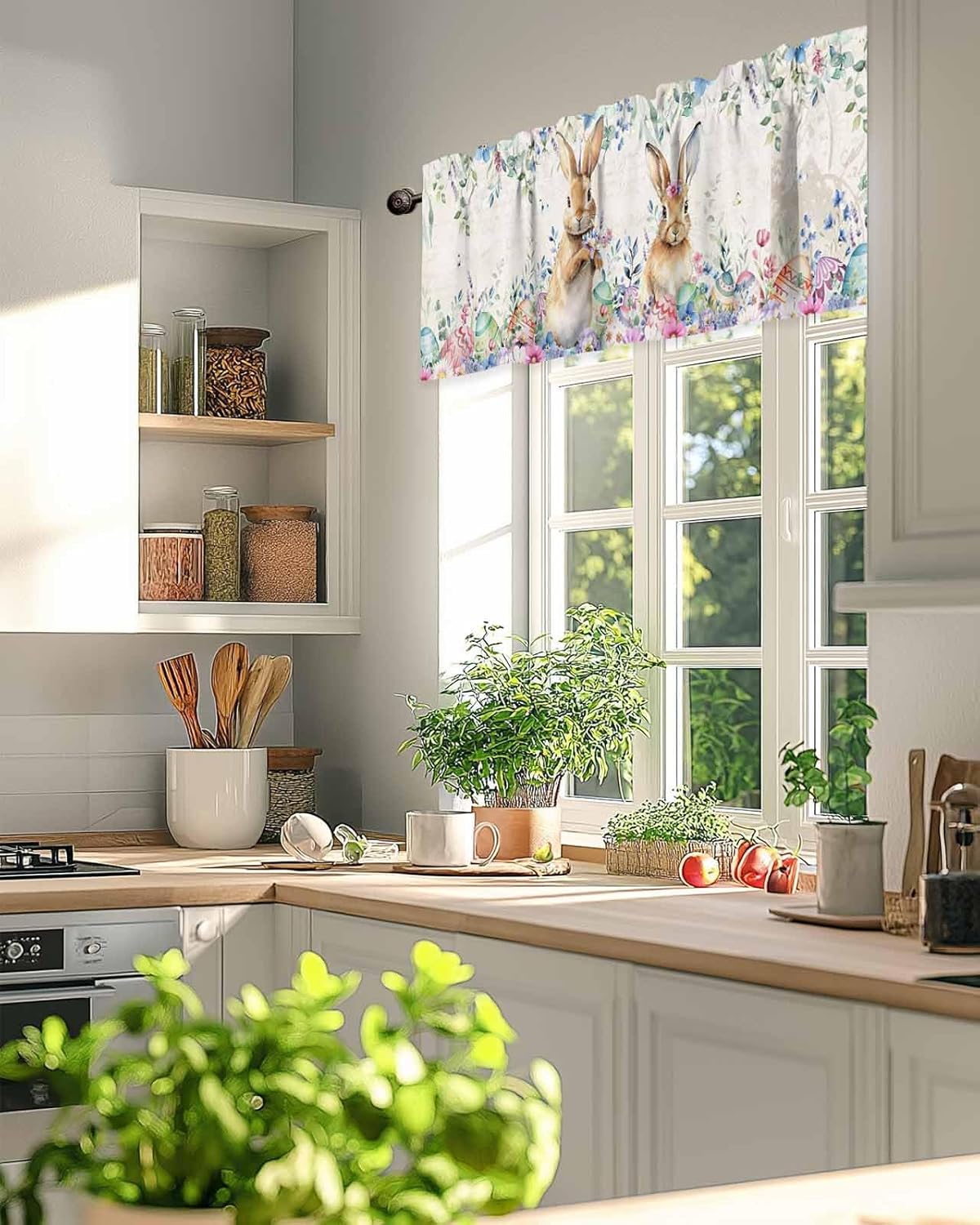 Easter Bunny Window Valance Curtains Easter Rabbit Eggs Spring Flowers Eucalyptus Retro Chicken Valance Tier Curtain Rod Pocket Valance for Kitchen/Bedroom/Living Room/Bathroom, 1 Panel, 60x18 Inch