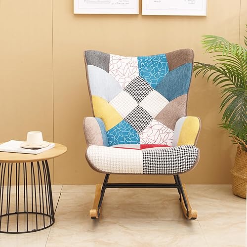 Miniatura 3 de Mecedora tapizada para guardería, silla mecedora tapizada de mediados de siglo con respaldo alto y base de madera maciza para sala de estar,