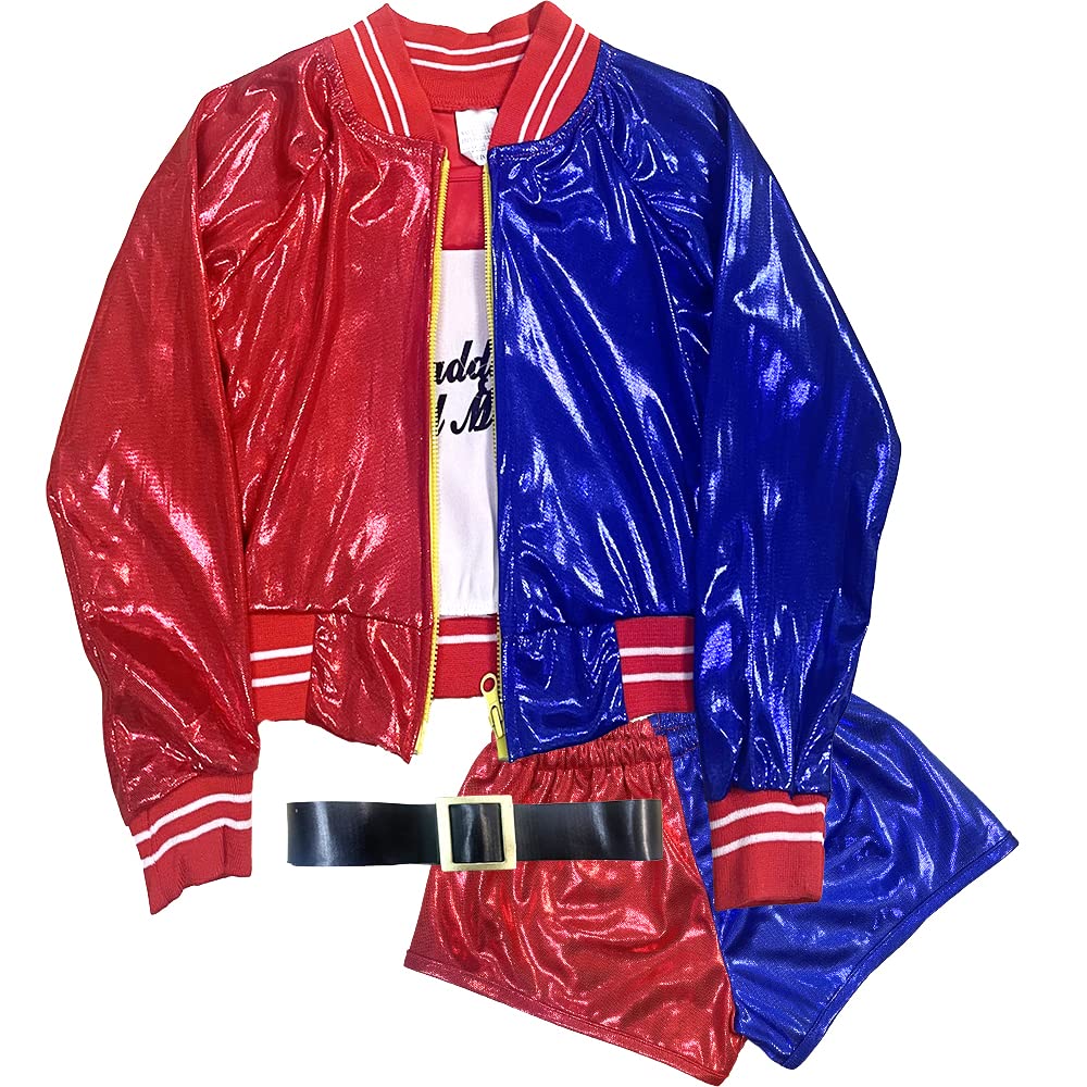 Disfraz de Harley Quinn Niña Mujer de Princesa Arlequina, Chaqueta conjunto Camiseta Cinturón y Pantalones Cortos Brillos para Disfraces Halloween Carnaval. Pedir 1 talla mas