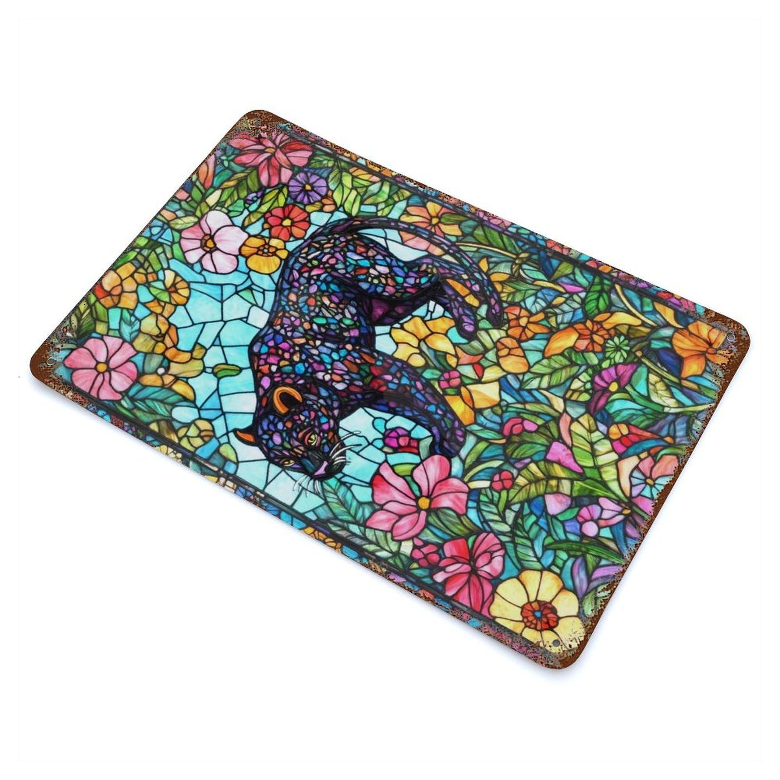 Stained Glass Panther Vintage Rust Metal Sign 11.8"x7.9", Classic Wall Plaque for Basement, Hobby Room And Garage Decor