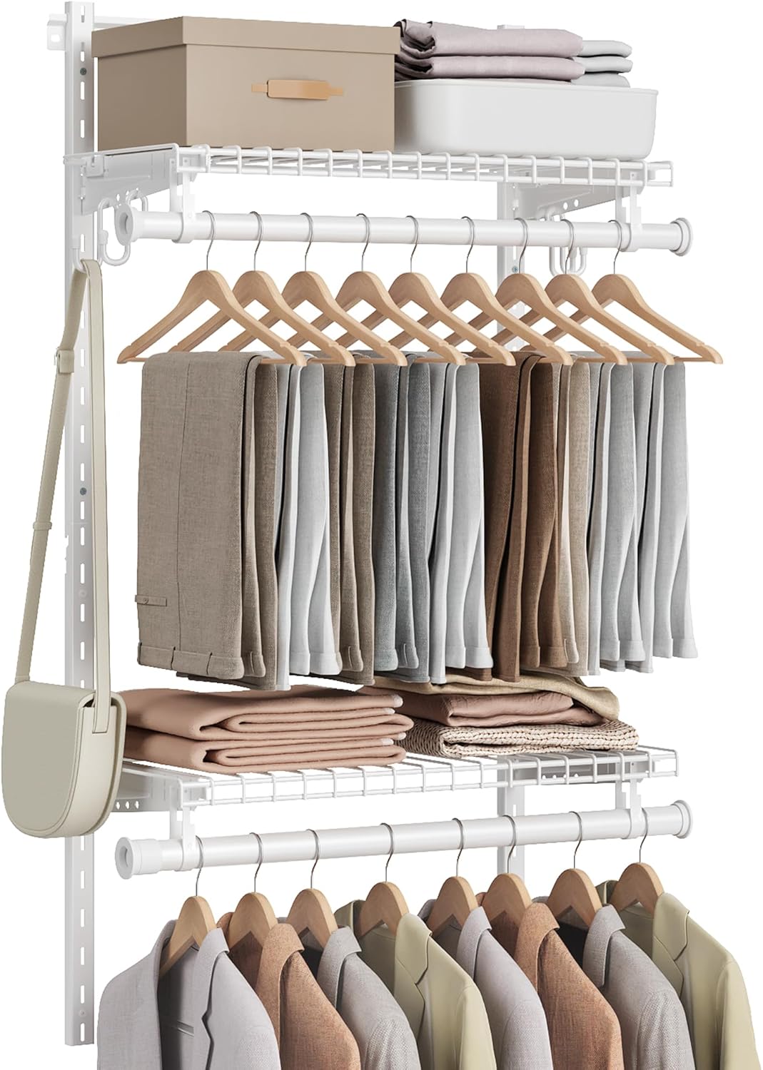SONGMICS HOME Closet System, Closet Insert Organizer, 4-8 ft, Adjustable Metal Shelving Unit with 6 Hanging Rods, 6 Shelves, and Hooks, for Pantry Mudroom Garage Basement, Cloud White URGR032W01