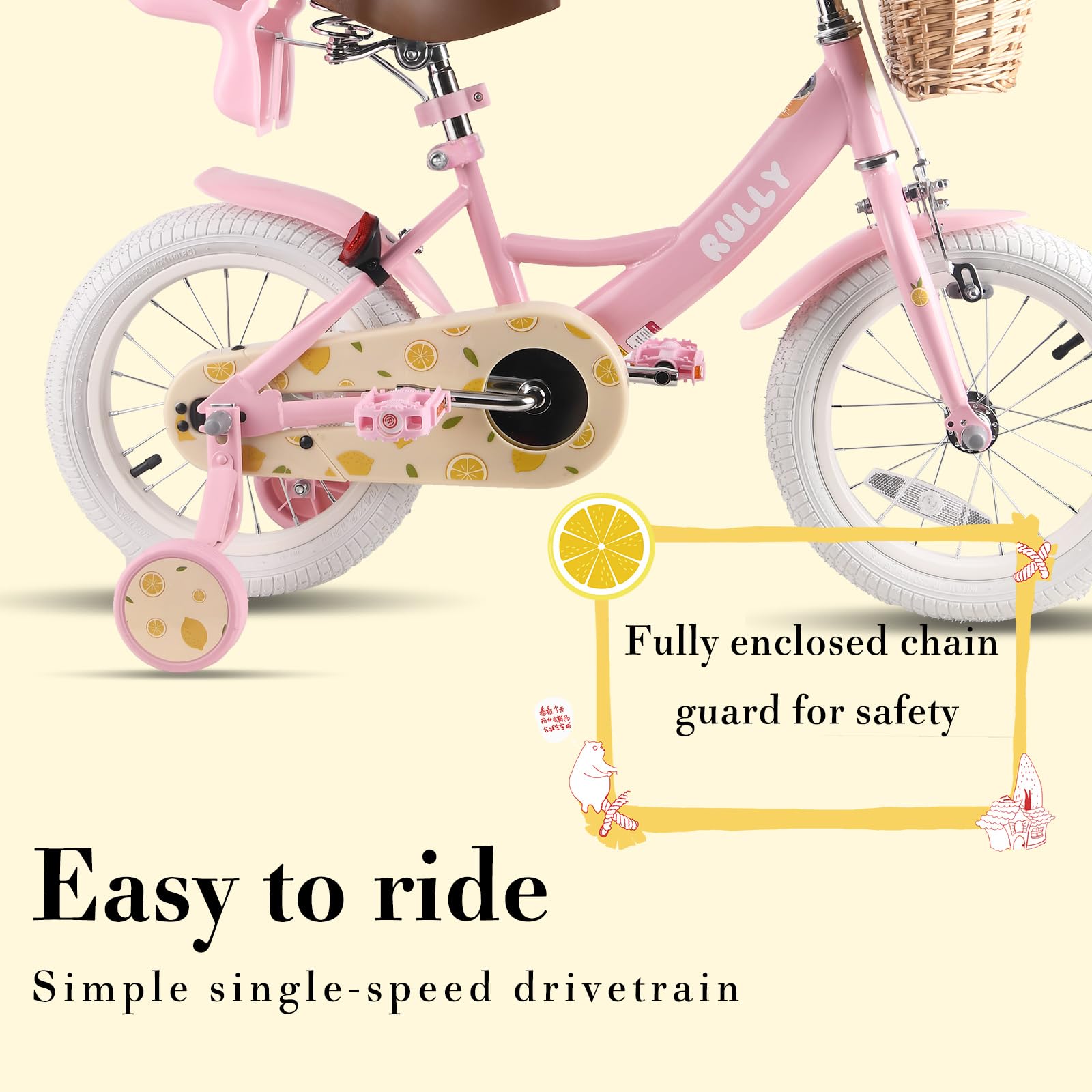 RULLY Bicicleta Infantil Fruit de 12, 14, 16 Pulgadas para Niñas de 2 a 7 Años – Bicicleta para Niñas con Ruedas de Apoyo, Cesta y Silla para Muñecas