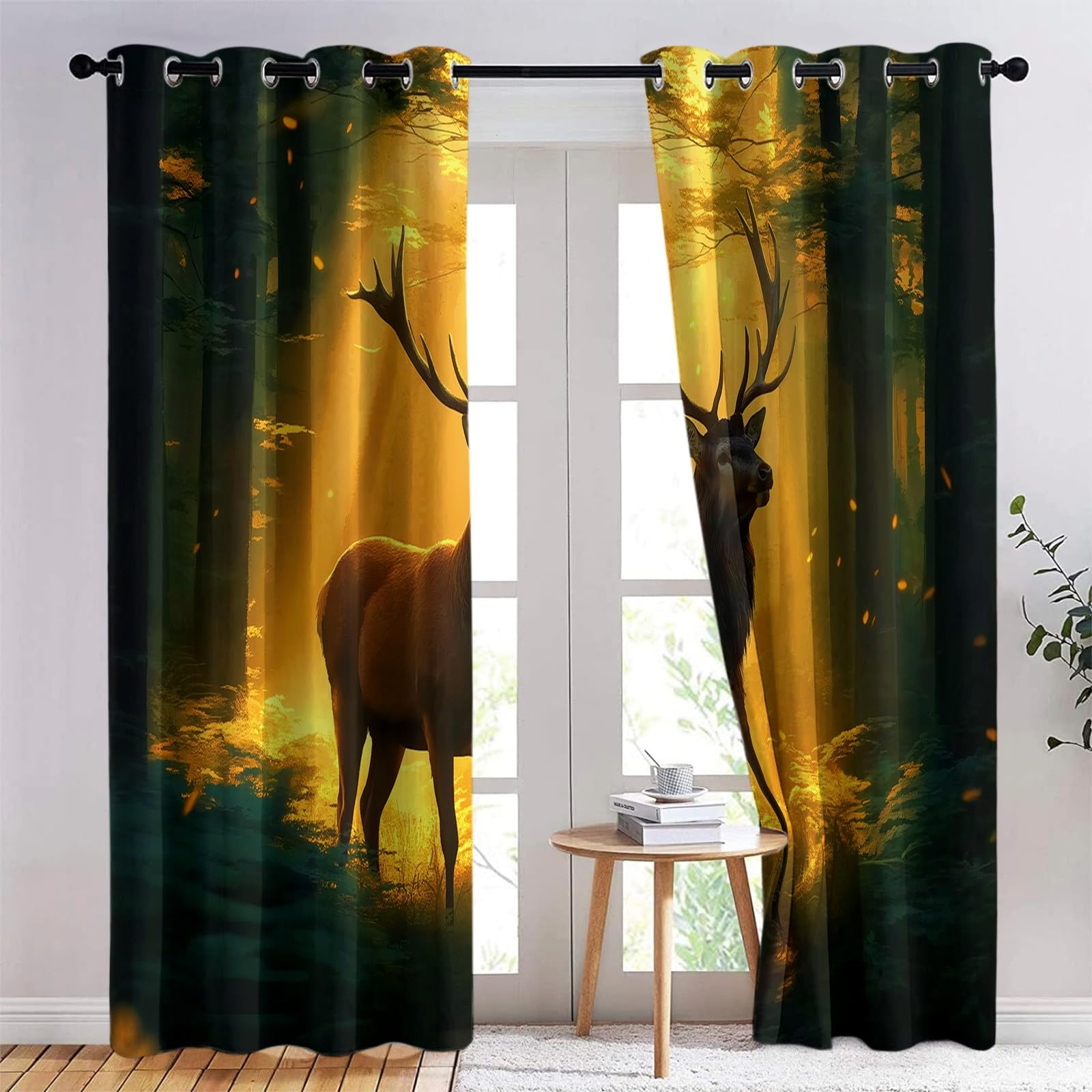Zestaw 2 termicznych zasłon zaciemniających z poliestru, z oczkami, 280 x 245 cm, złote światło, dźwiękoszczelne, do salonu, sypialni, pokoju dziecięcego, magiczny las