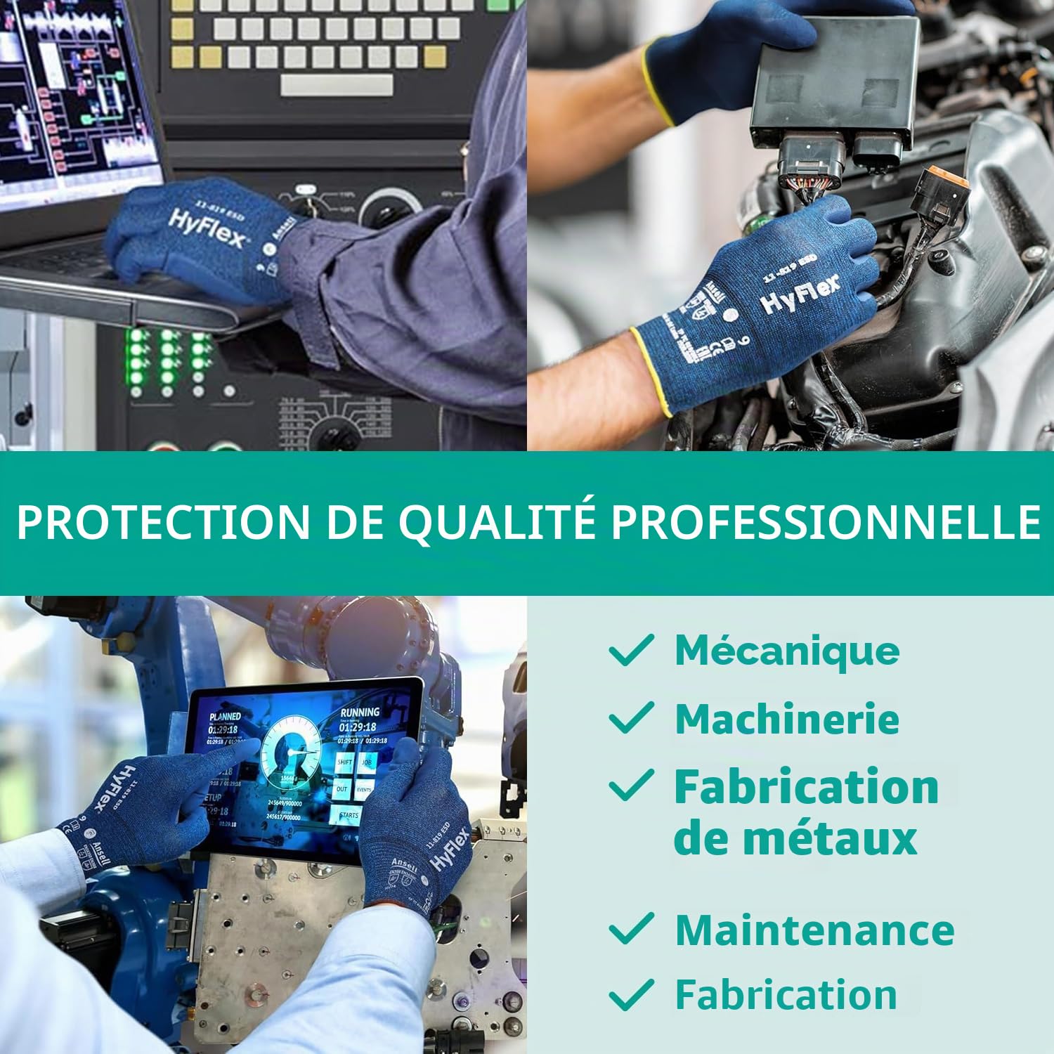 Ansell HyFlex 11-618, Gants de travail L pour manipulations de précision, Revêtement PU, Compatibles écran tactile, Bleus, 12 paires