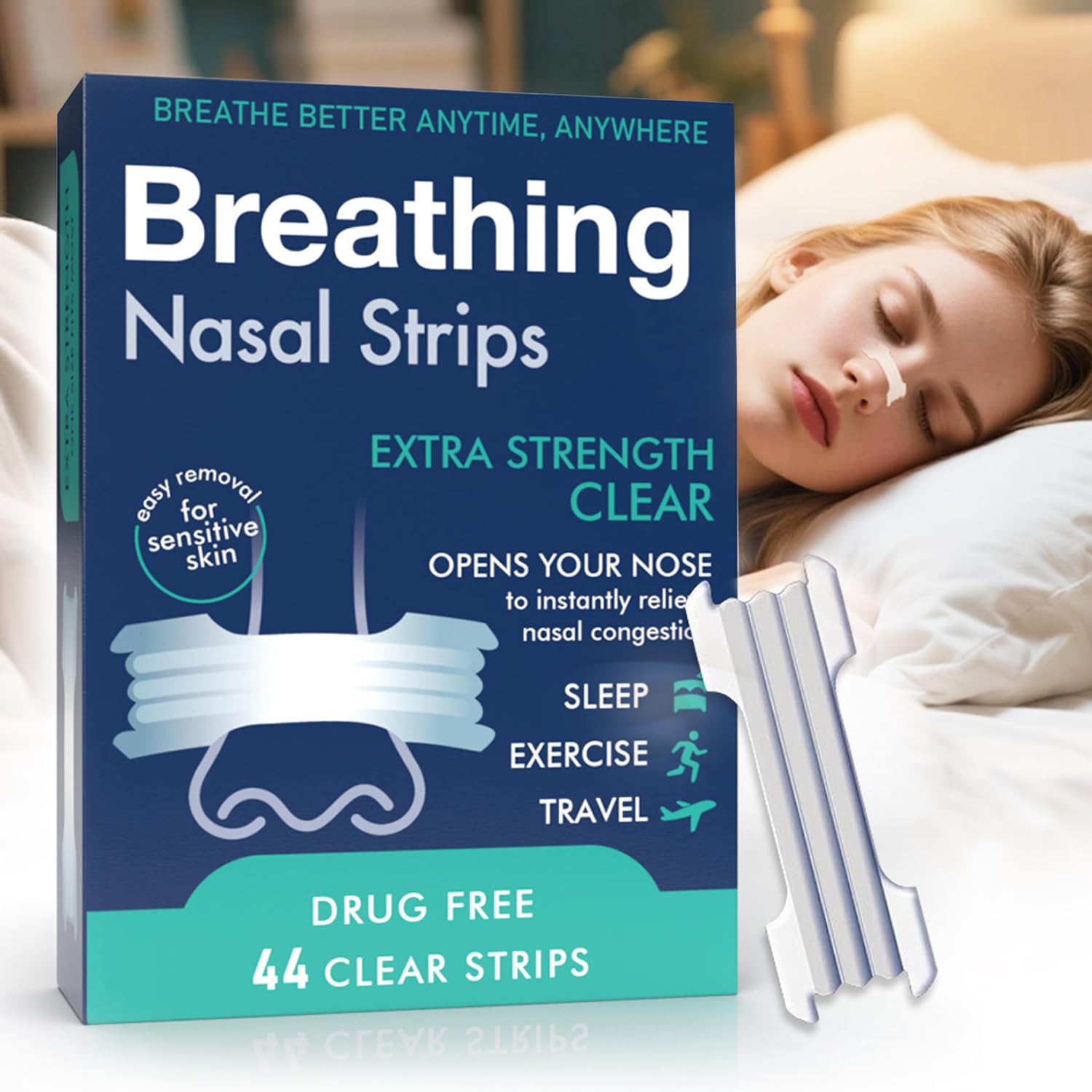 Xkimos Upgraded Extra Strength Clear Drug Free Nasal Strips,Help Stop Snoring,for Nasal Congestion Relief,Nasal Congestion Relief due to Colds & Allergies (44 Count)