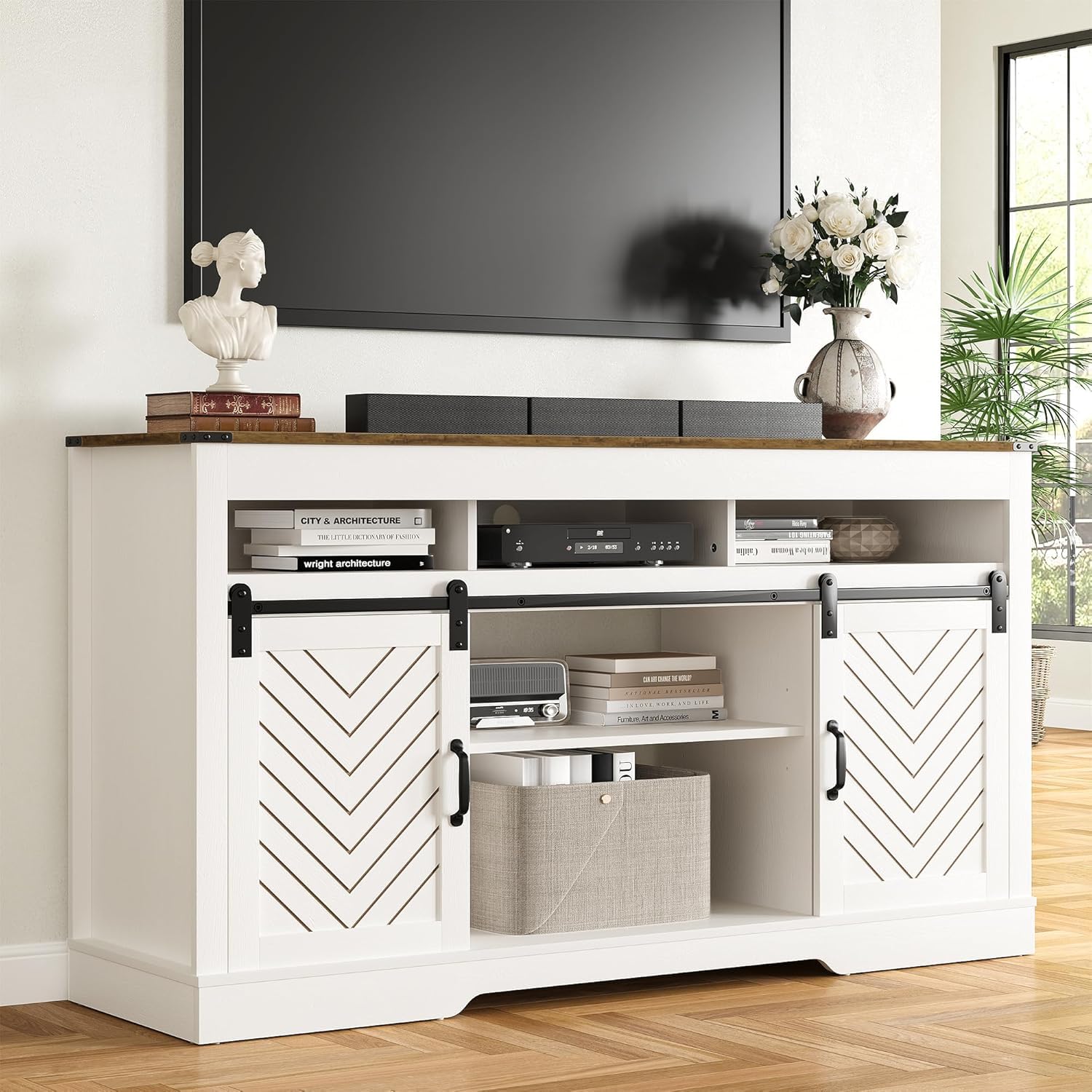 RoyalCraft Farmhouse TV Stand for 65+ Inch TV: Entertainment Center with Storage, Wood TV Console Cabinets with Sliding Barn Door, Tall Media with Adjustable Shelves for Living Rooms, Ivory & Oak