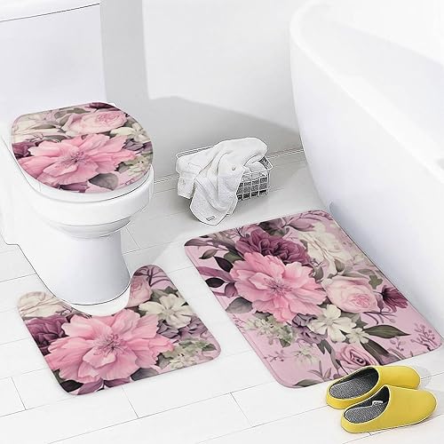 Miniatura 4 de Juego de 4 alfombras de baño con cortina de ducha, flores femeninas, lila, rosa, rubor, verde, oscuro, cubierta para tapa de inodoro y tapete