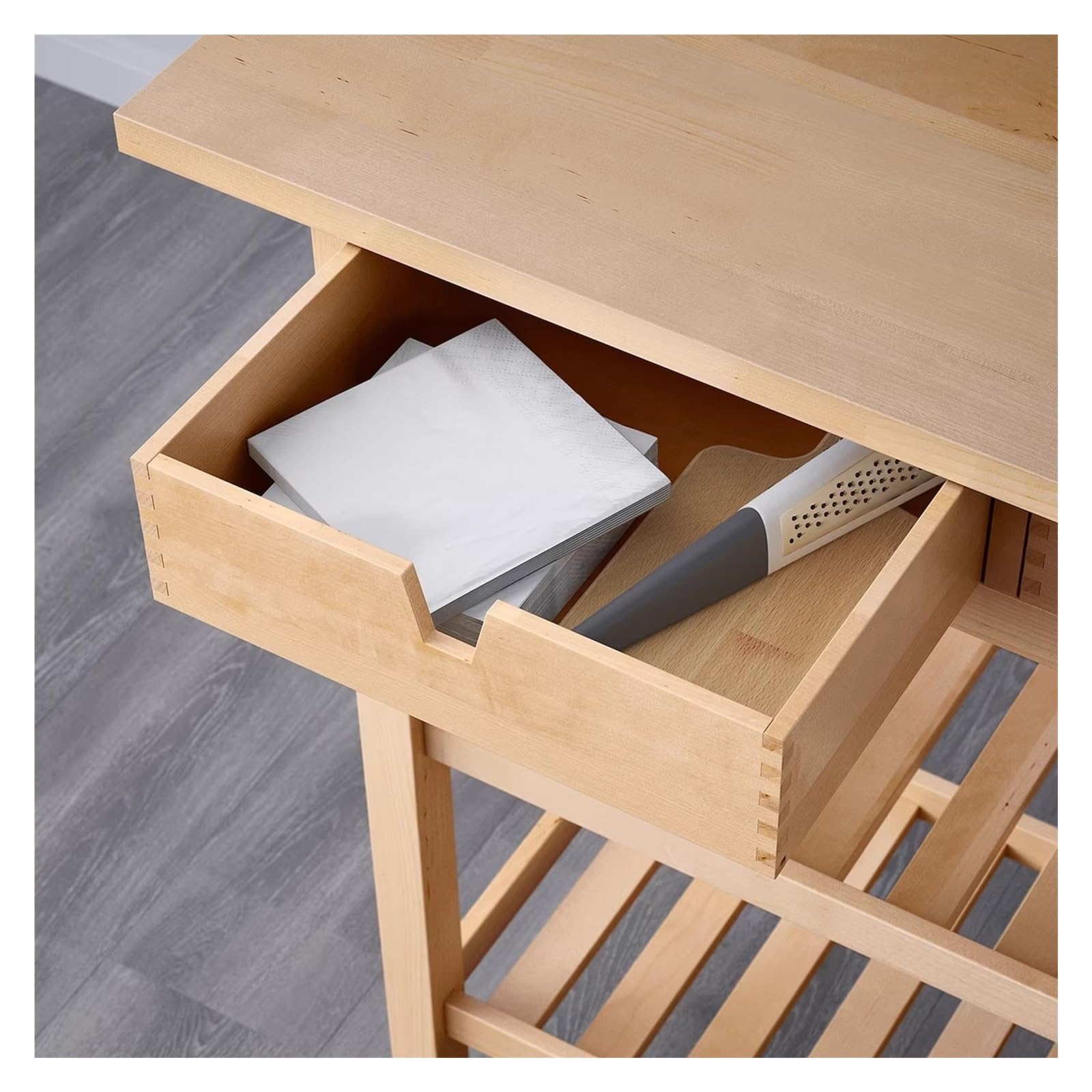 Carrello da cucina Isola cucina su ruote con cassetti, ripiani aperti a doghe, piano di lavoro e ruote mobili