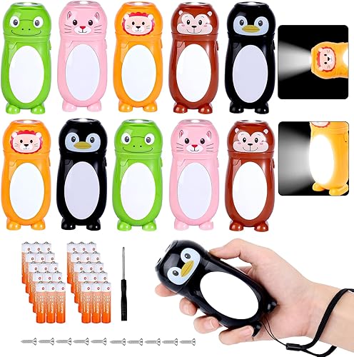 KunHe Paquete de 10 rellenos de calcetines navideños para niños, mini linterna LED pequeña, artículos esenciales de campamento para niños pequeños,