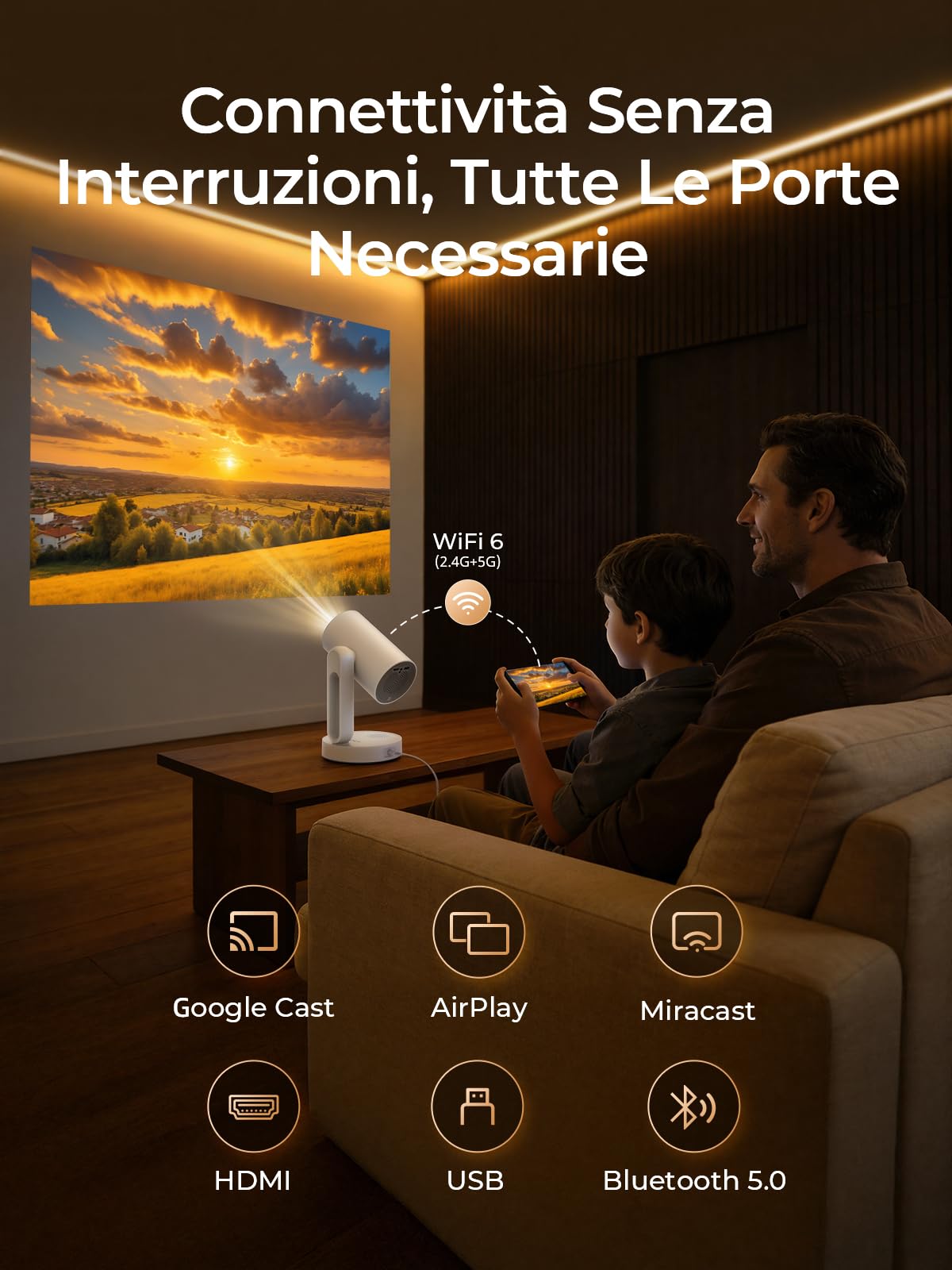 ETOE Mini Proiettore con Google TV e Netflix, Videoproiettore con Luce Stellata e Luce Notturna, 1080P Nativo, Autofocus, Controllo Vocale, Rotazione 140°/Design Sigillato, Per Camera da Letto