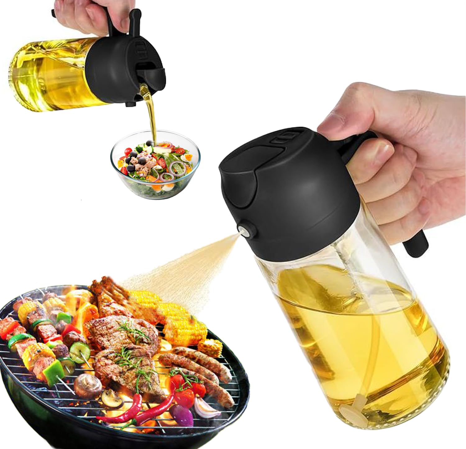 NaLis 2 in 1 Glass 20 OZ Oil Dispenser Bottle + Silicone Oil Brush + Cleaning Brush | Oil Bottle For Cooking | Evo Bottle Dispenser | Glass Spray Buttle | Mist Spray Bottle (Black)