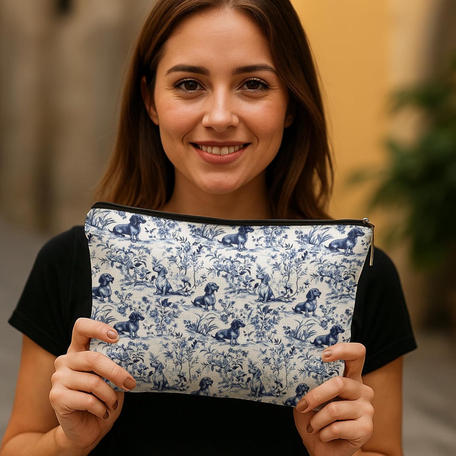 Blue and White Chinoiserie Dachshund Makeup Bag, Dachshund Lovers Gifts Cosmetic Bags for Women, Grandmillennial Sausage Wiener Dog Makeup Zipper Pouch - Image 5