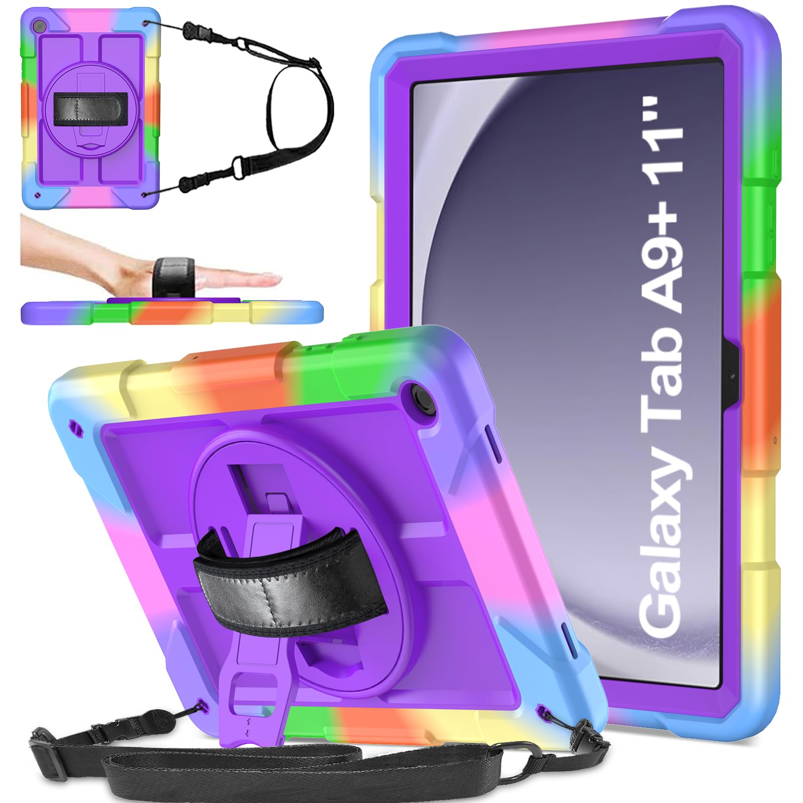SINSO Samsung Galaxy Tab A9 Plus 2023 Case - 11 Inch, Shockproof with 360 Rotating Stand & Hand Strap - Purple