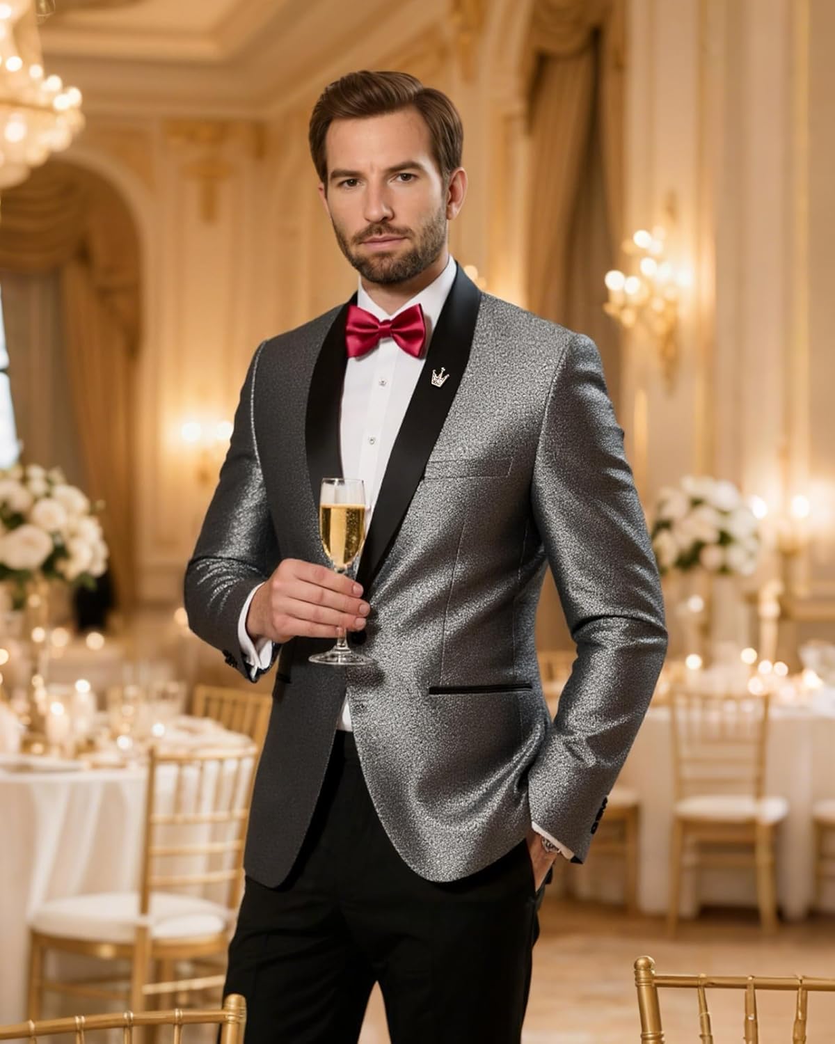 YND Men's Shiny Tuxedo Jacket, Sequin Slim Fit Blazer, One-Button Shawl Lapel Suit for Party, Prom, Wedding, Dinner - Image 2