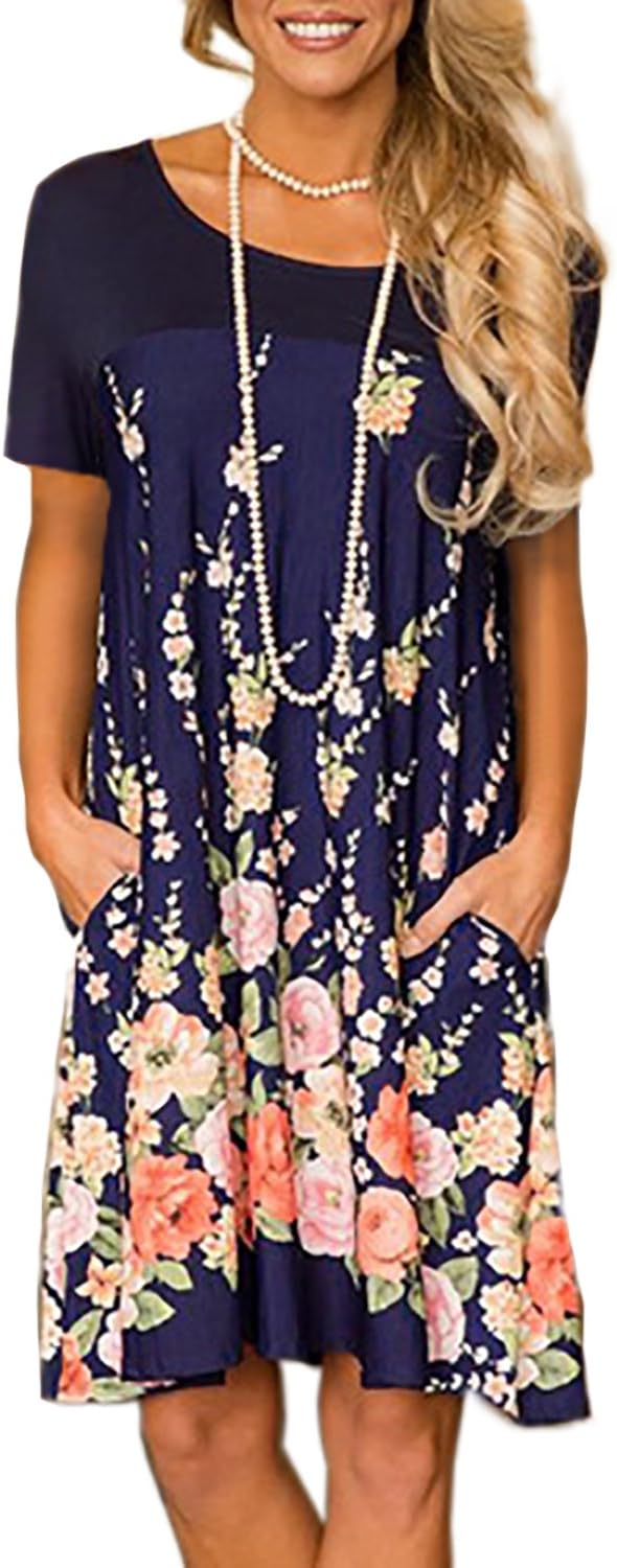 Alelly Women's Floral Print Crew Neck T-Shirt Dresses with Pockets