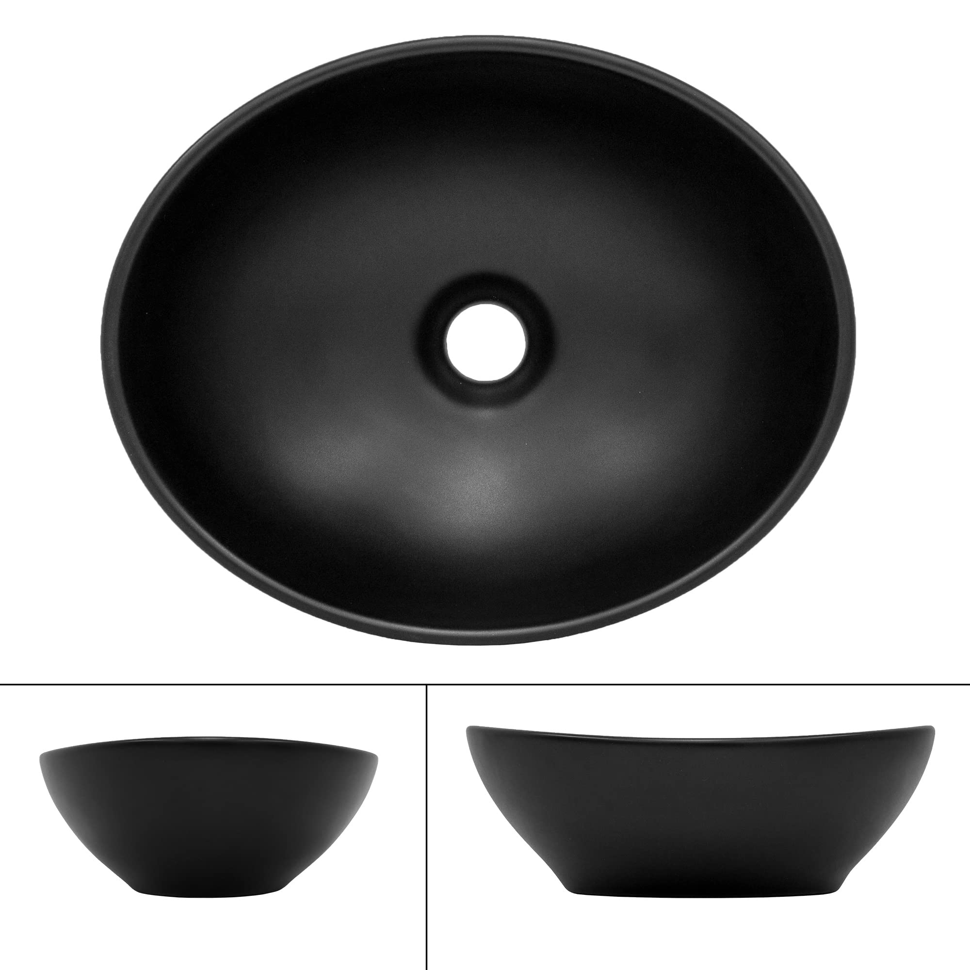 ML-Design Lavabo da Appoggio 41x33,5x14,5 cm in Ceramica Nera Opaca Lavello Ovale Lavandino Design Semplice Moderno con Foro di Scarico Lavamani Vaschetta Elegante da Bagno Toilette WC Sanitari Casa