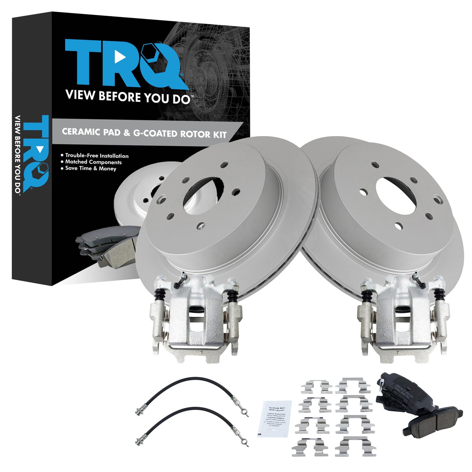 TRQ Rear Brake Pad and Rotor Set Ceramic Coated Rotors Calipers Compatible with 2012-2013 Infiniti M35h 2011-2013 M37 M56 2014-2018 Q50 2017-2018 Q60 Q70 2016-2018 Q70L