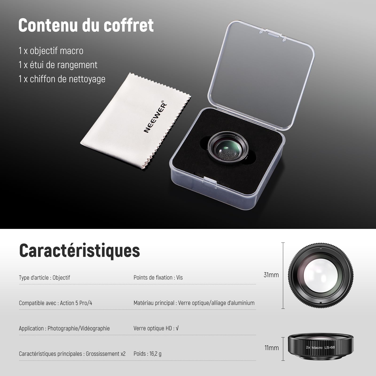 NEEWER Objectif Macro Compatible avecDJI Osmo Action 5 Pro/4 Caméra d'action, Grossissement 2X, 2 Éléments en 1 Groupe, Distance Focale 3-4cm, Accessoire Photographie Gros Plan, Non Étanche, LS-68