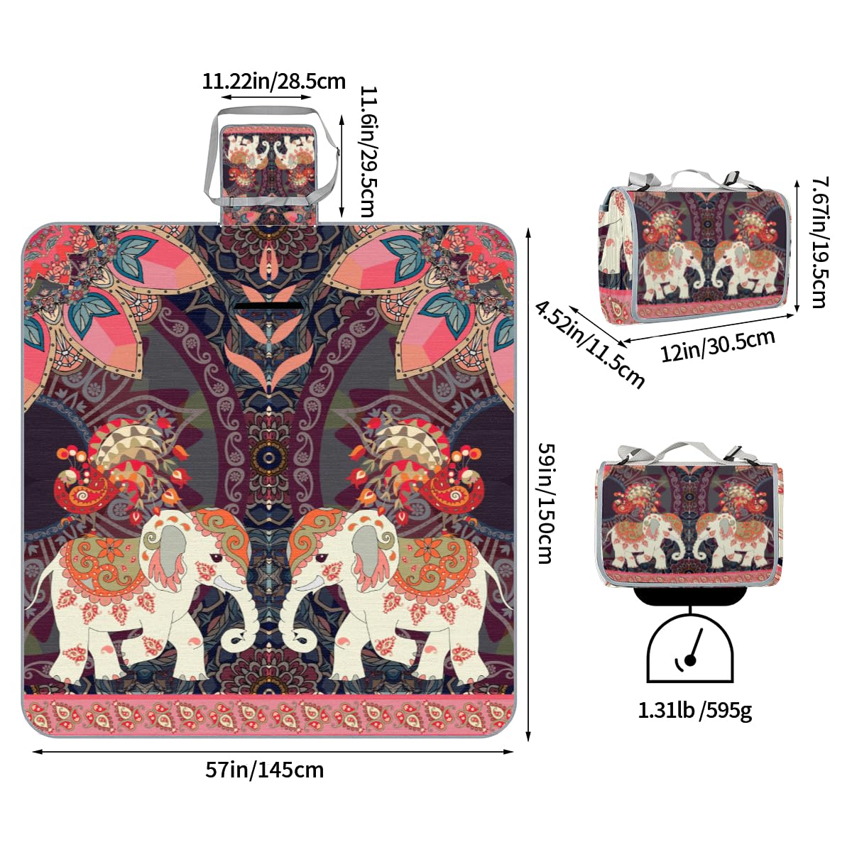 Shimoshe Picnic Blankets 57”x 59”, Peacock Sun Mandala Elephant Waterproof Sandproof Picnic Mat Lightweight Foldable Beach Blanket for Camping Park Grass Beach Outdoor Blanket