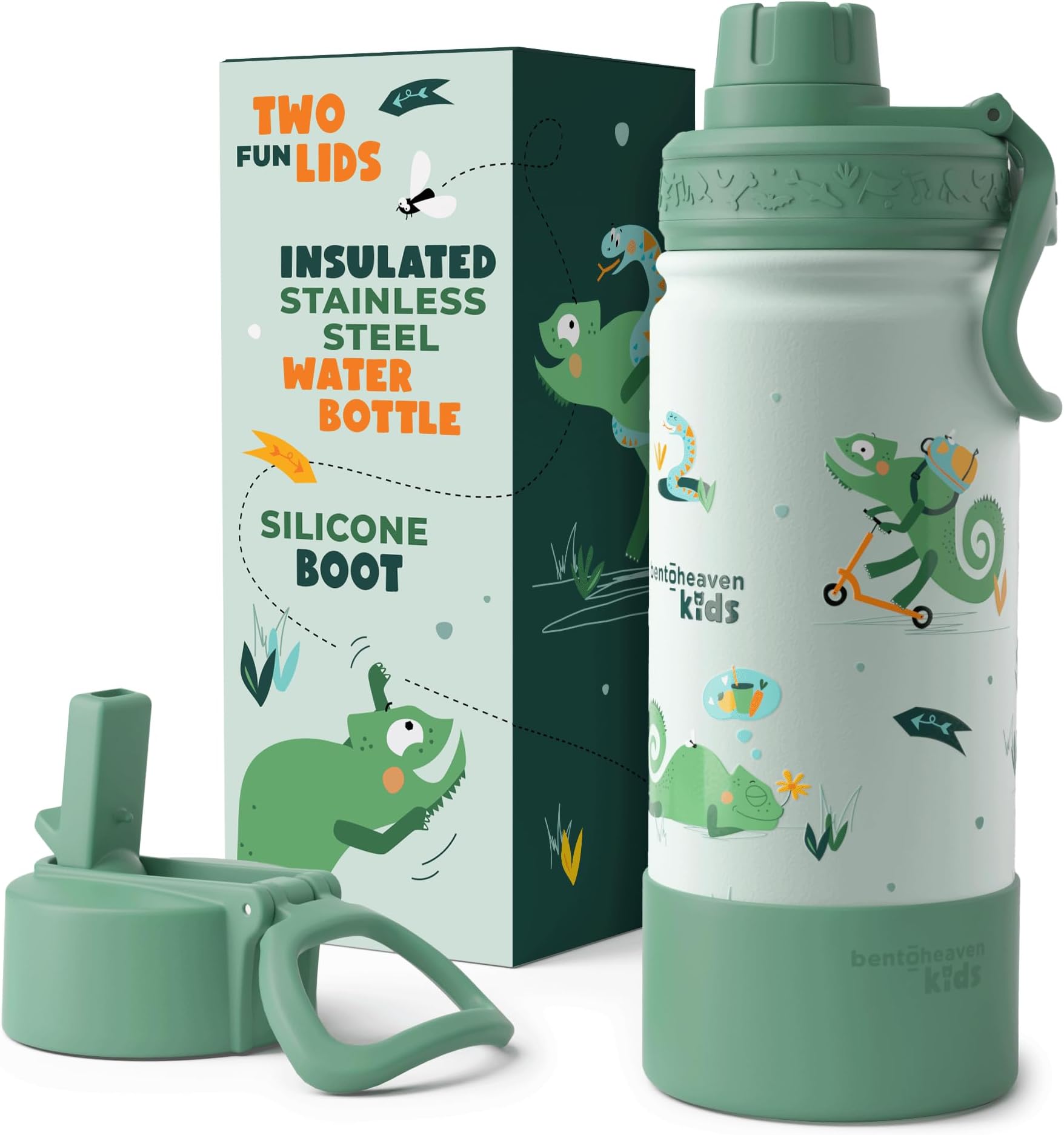 Bentoheaven Kids Water Bottle Stainless Steel for Boys & Girls, 2 Lids (Chug & Straw), Handle & Silicone Boot, Reusable Metal Leak-proof Insulated Tumbler, School & Sports 17oz (Green)