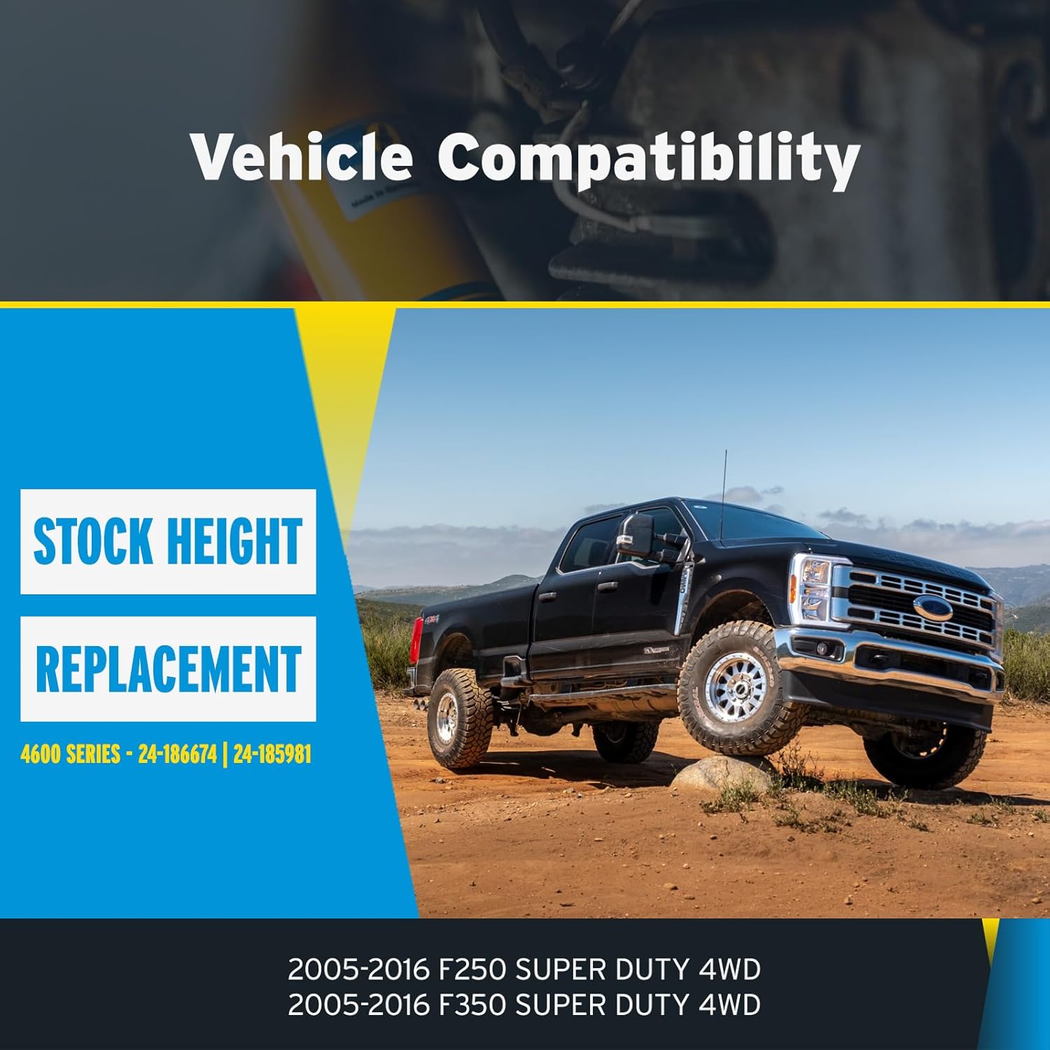 Bilstein 4600 Series Set of Front & Rear Monotube Shocks fits 2005-2016 F250 F350 Super Duty 4WD | Includes Decal | 24-186674 24-185981