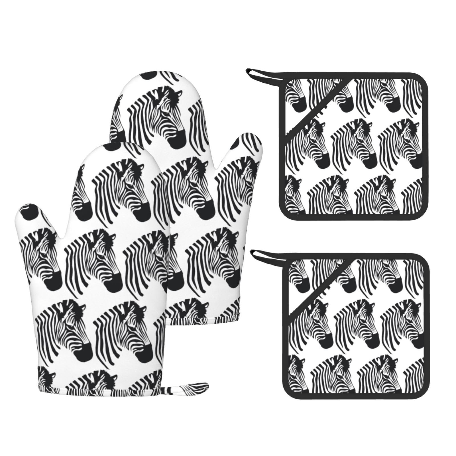 Zebra Printed Cooking Mitts and Pot Holders 4 Pcs, Heat Resistant Oven Gloves with Hanging Loop Chef