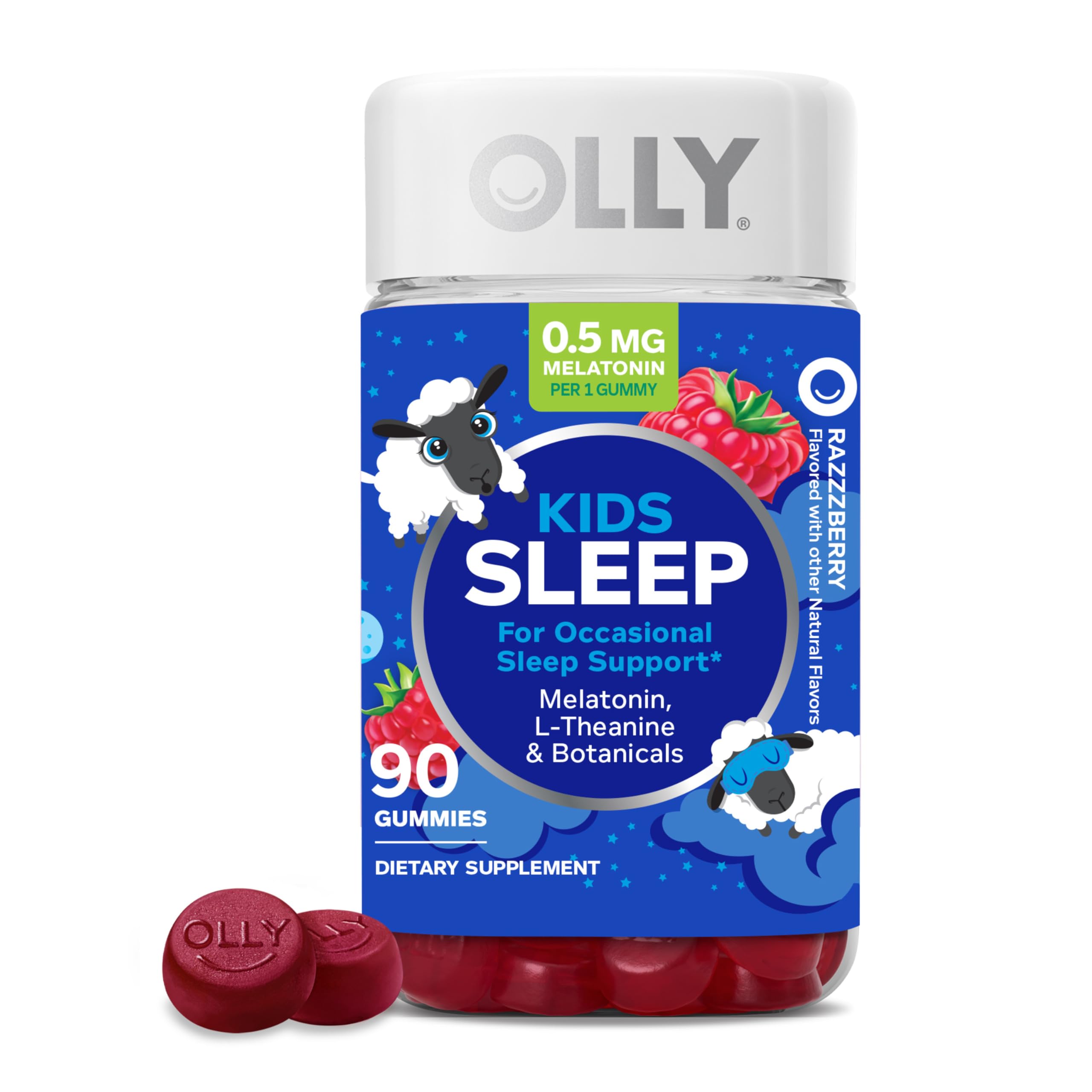 Kids Sleep Gummy, Occasional Sleep Support, 0.5mg Melatonin, L Theanine, Chamomile, and Lemon Balm Extracts, Childrens Chewable Supplement, Raspberry Flavor - 90 Count