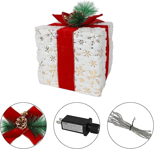 Miniatura 2 de MorTime Cajas iluminadas de Navidad con lazos, juego de 3 cajas de regalo de felpa con copos de nieve dorados, piñas y bayas, cajas de regalo con 60