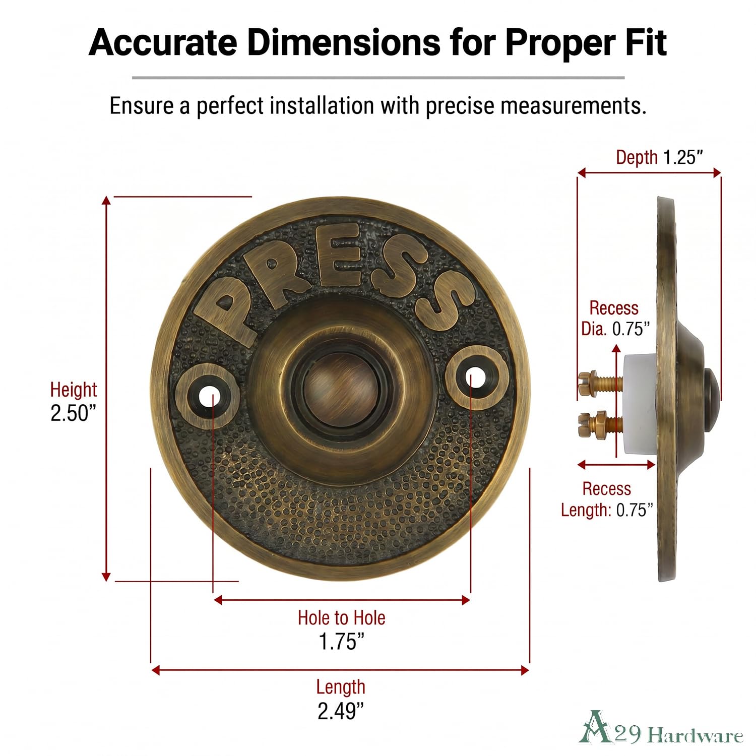 A29 Round Doorbell Push Button, Solid Brass, Antique Brass Finish