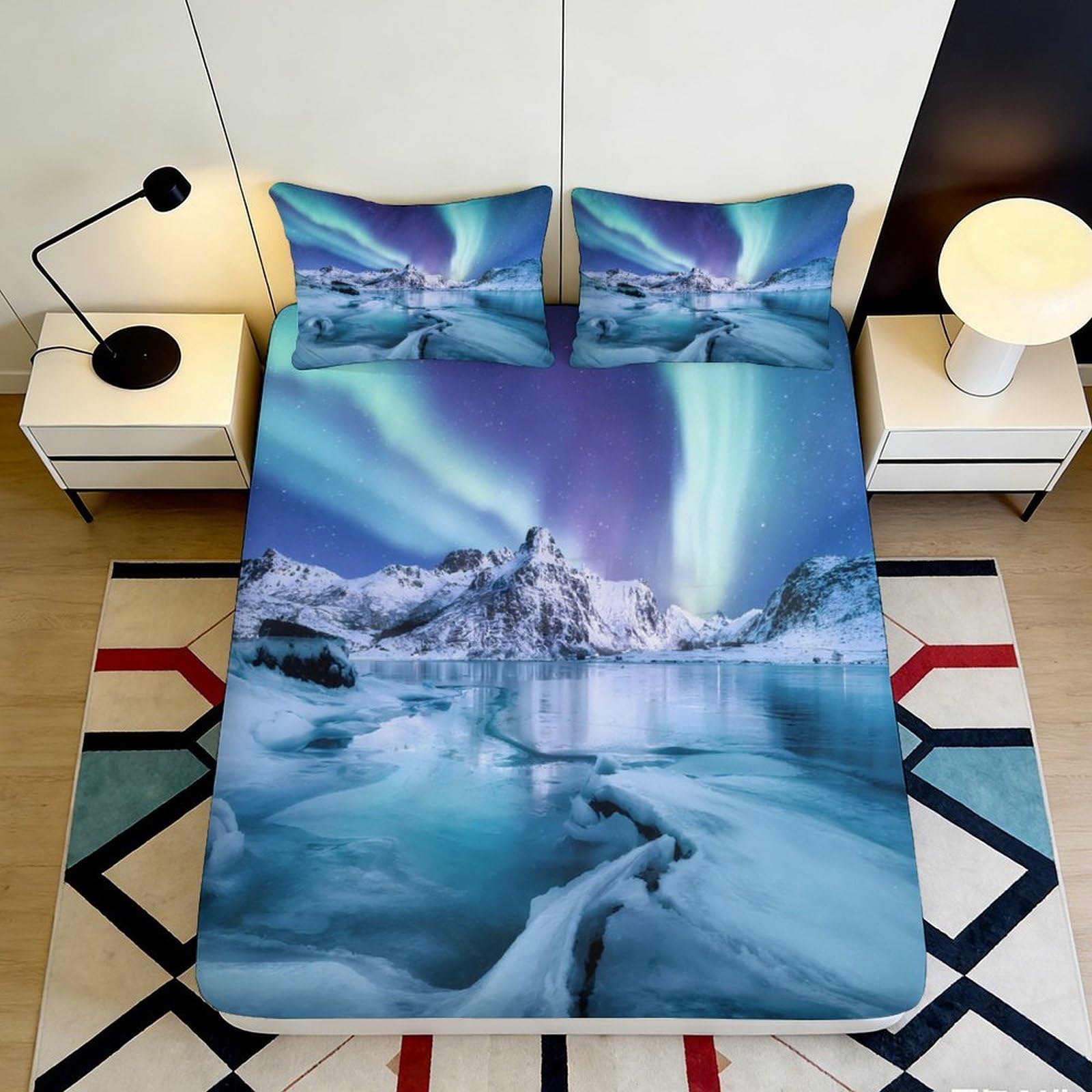 3D Printed Aurora Landscape Fitted Sheet Microfiber Deep Pocket Non-Slip Bedding Aurora Mattress Fitted Cover Washable 200x200x25cm