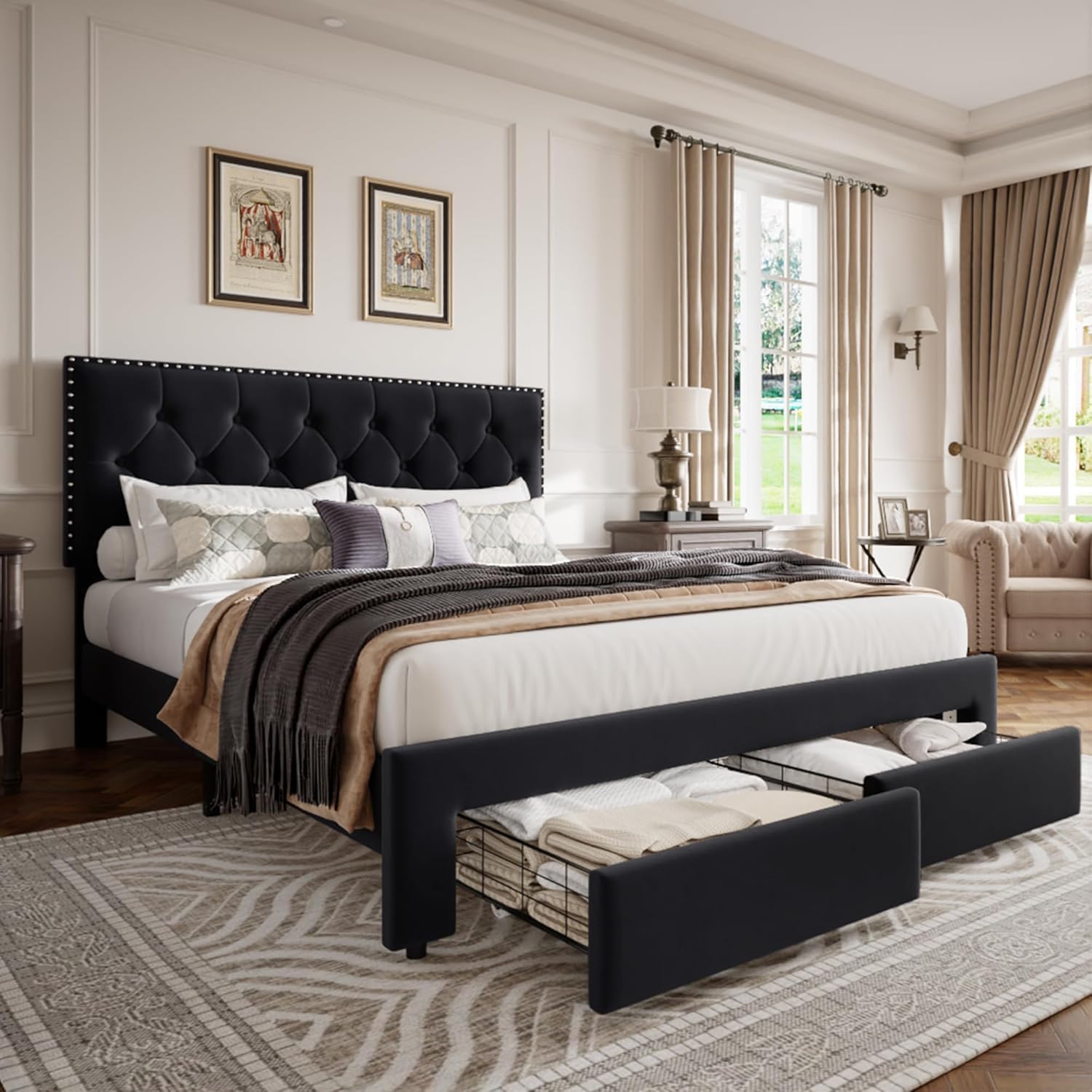 king size bed frame with 2 storage drawers, vintage velvet upholstered bedframe with button tufted rivets headboard, wooden slat support, noise free, no box spring needed, black black king
