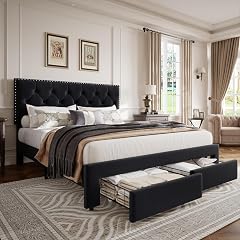 GarveeHome King Size Bed Frame with Storage Drawers Velvet Upholstered Platform Bed with Vintage Headboard Wooden Slat Support