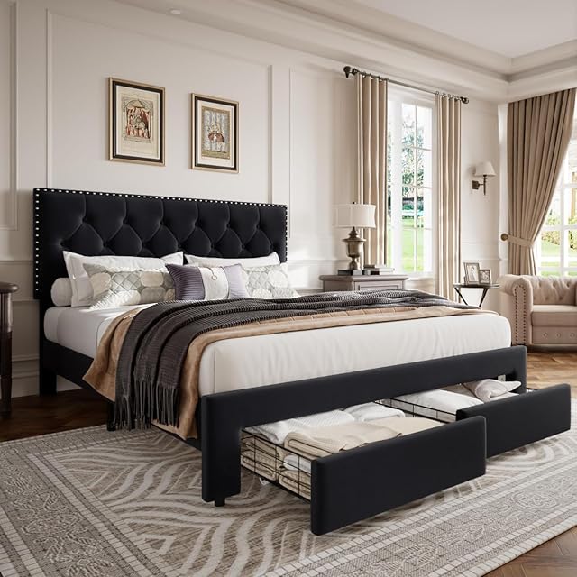 GarveeHome King Size Bed Frame with Storage Drawers Velvet Upholstered Platform Bed with Vintage Headboard Wooden Slat Support