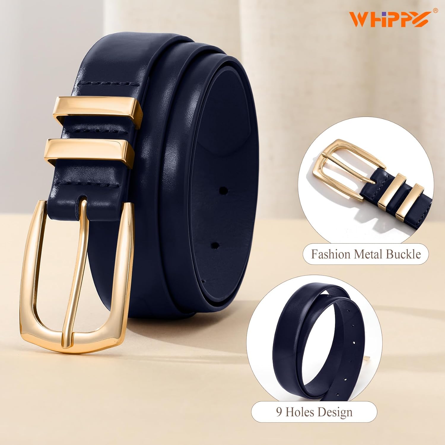 WHIPPY Women's Leather Belts for Jeans Pants Fashion Ladies Belt Gold Buckle Belts for Women - Image 2