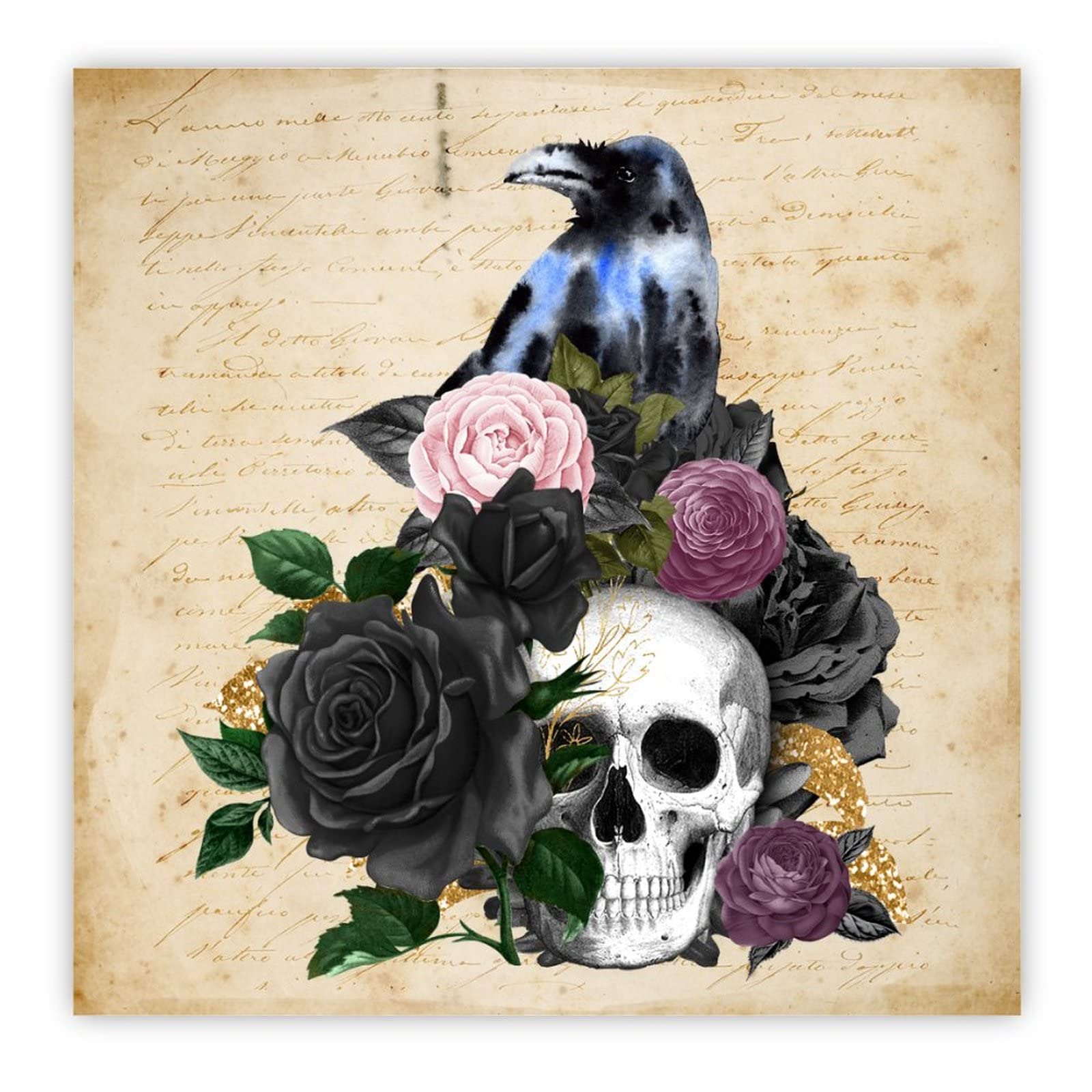 Maison chrétienne moderne : panneau bois Raven on Skull à motif floral noir