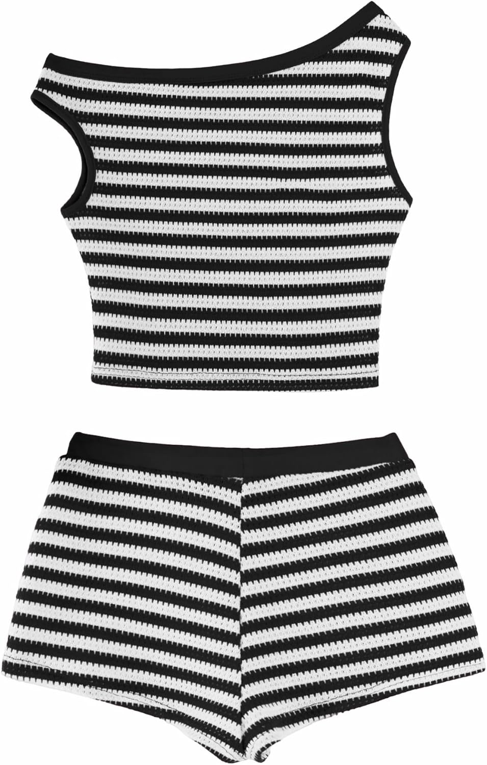 Remidoo Women's Striped Set 2 Piece Outfits Knit Off The Shoulder Crop Tank Top Mini Shorts Vacation Going Out Sets - Image 4