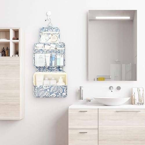 Miniatura 41 de Mossio Neceser colgante con gancho resistente, organizador de viaje grande portátil para maquillaje cosmético para hombres y mujeres Beige,Pájaro