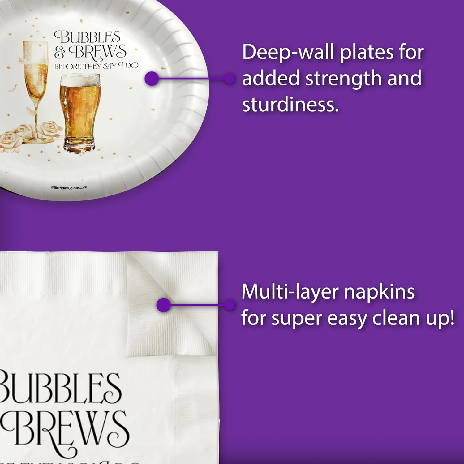 Bubbles and Brews Bridal Shower Party Supplies - 24 Piece Tableware Set Includes Large 9" Dinner Plates and 7" Dessert Paper Plates Napkins