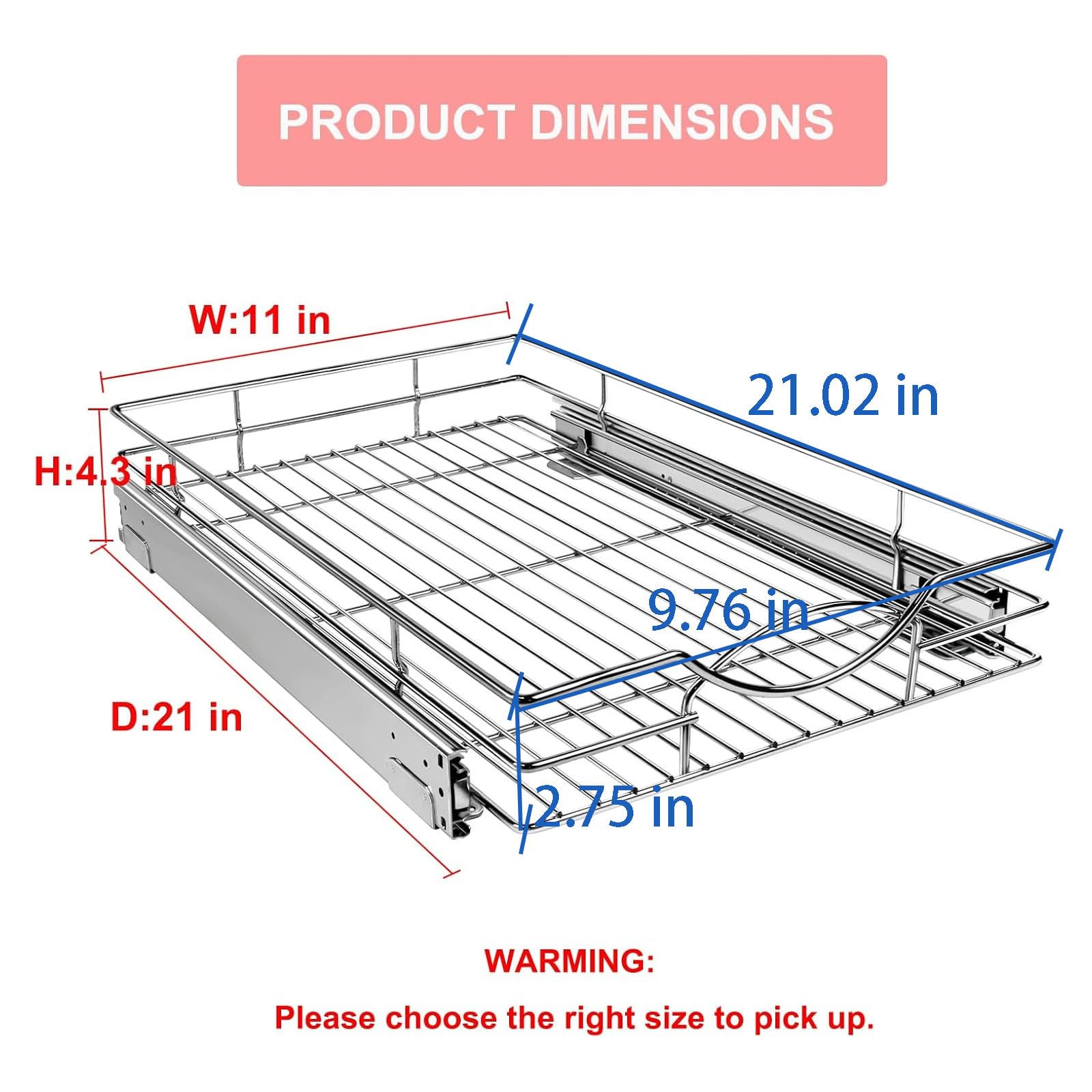 Organizador de gabinete extraíble de 11 pulgadas de ancho x 21 pulgadas de profundidad, estantes extraíbles de gabinete de cocina resistente, cesta de alambre deslizante para armarios de 2