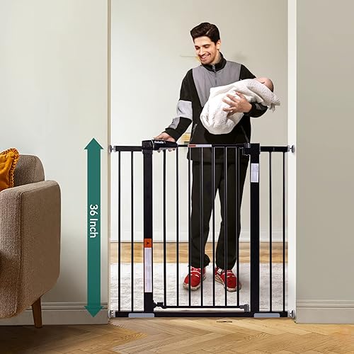 Miniatura 3 de BABELIO Puerta para bebé de 36 pulgadas de alto, puerta para mascotas de cierre automático de 26 a 40 pulgadas de ancho, puerta de metal montada a