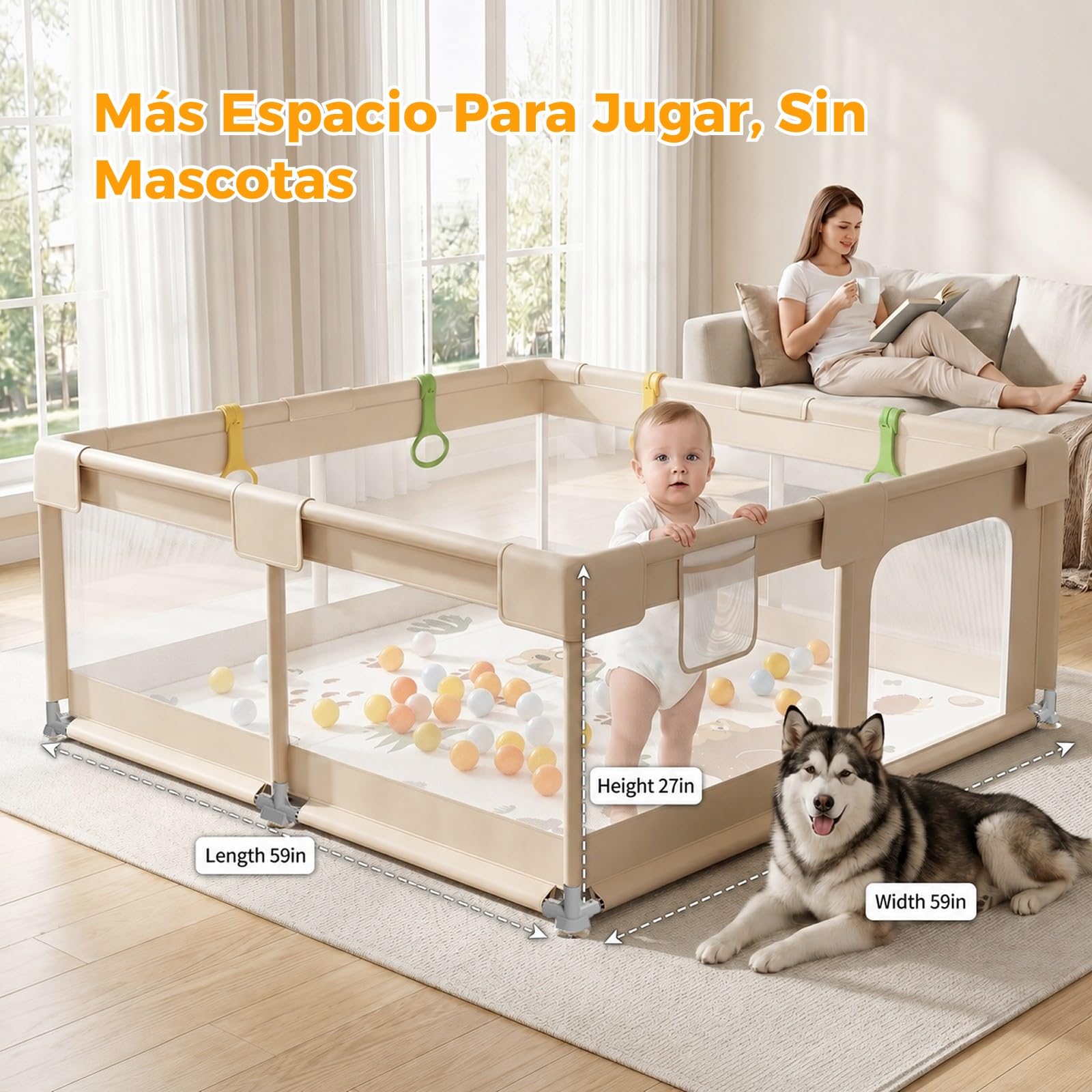 Beige Parque Infantil Bebe con Alfombra - 150x150cm Corralito Bebe | Tela Oxford resistente, malla transpirable 360°, estructura estable, ventosas potentes y 4 anillas