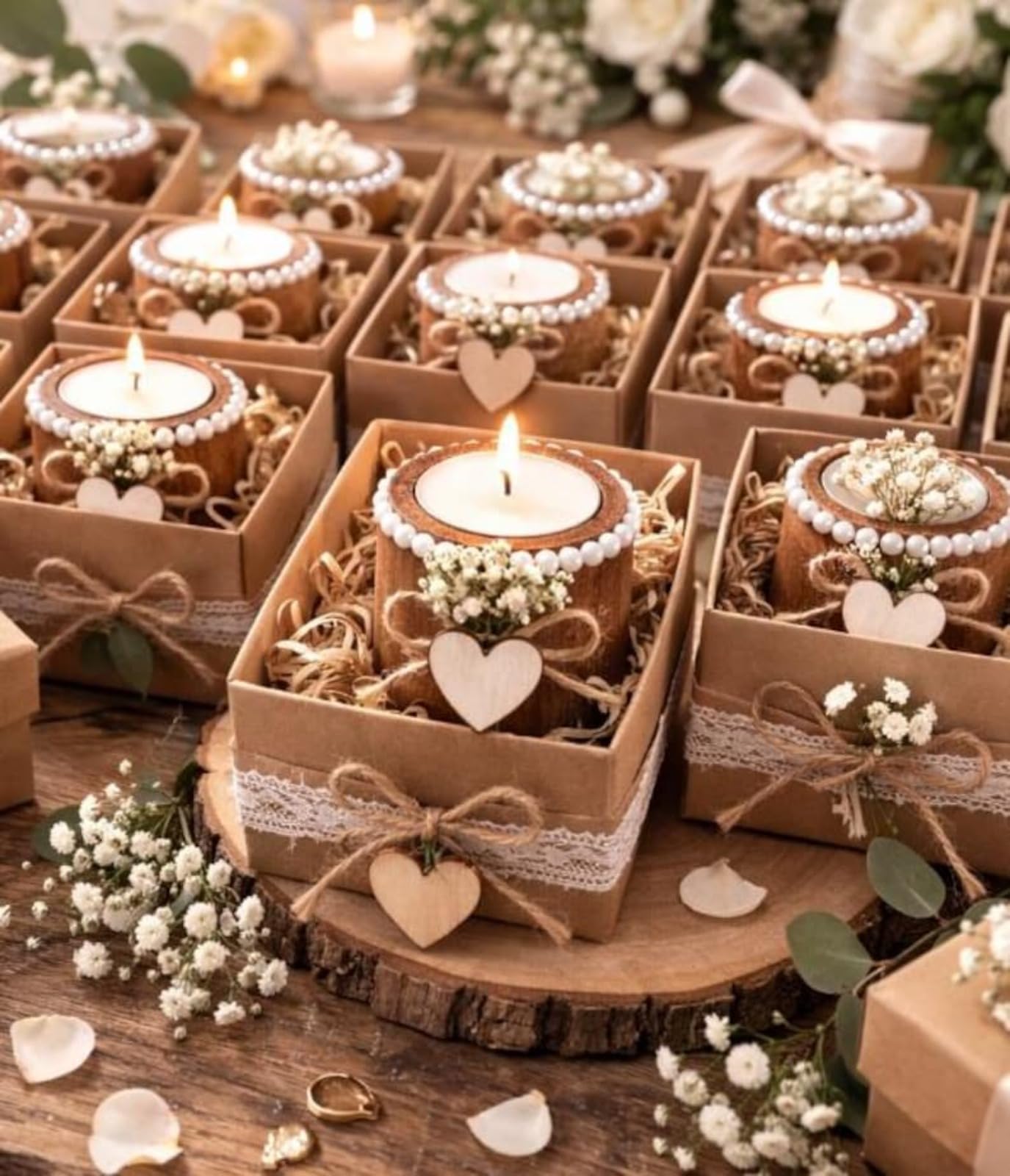 Personalisierte Kerzen, Hochzeitsgeschenke für Gäste, rustikales Holz-Teelichthalter-Set mit Namen und Datum, Dankeschön, Babyparty/Brautparty, Gastgeschenke für Gäste (50 Stück)