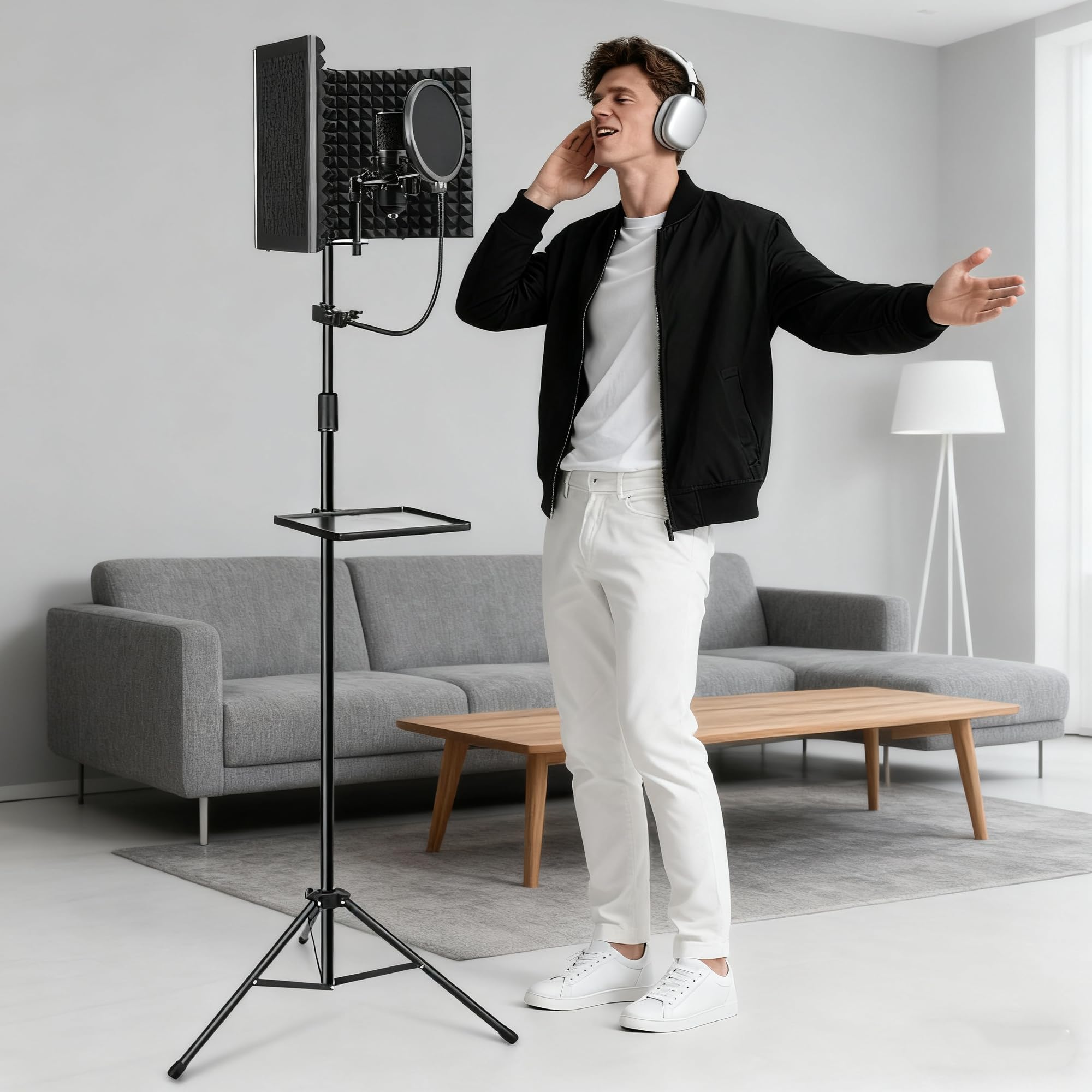Mikrofon-Isolationsschild, Schaumstoffschutz mit Pop-Filter, Stativständer, faltbares Design