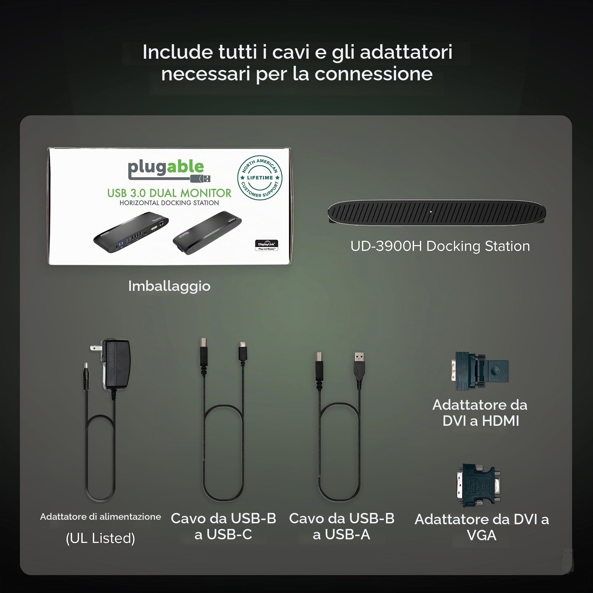 Plugable USB 3.0 Docking Station Orizzontale Doppio Monitor per Windows e Mac (Doppio Video HDMI e DVI/VGA, Gigabit Ethernet, Audio, 6 Porte USB)