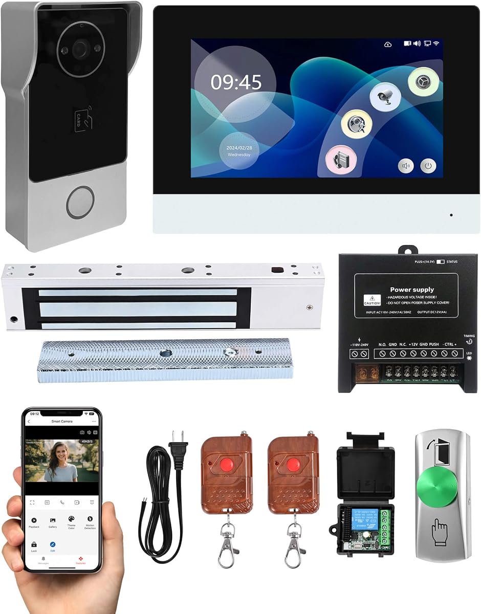 Sistema de intercomunicación con timbre con video inteligente con cerradura magnética de 600 lb, monitor Wi-Fi con pantalla táctil de 7", cámara HD 1080P de 2.0 MP, acceso a tarjeta RFID IC, desbloqueo remoto de la aplicación Tuya, botón de salida y kit de control remoto