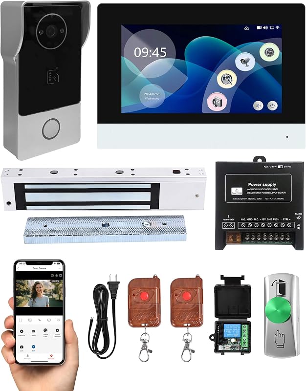 Sistema de intercomunicación con timbre con video inteligente con cerradura magnética de 600 lb, monitor Wi-Fi con pantalla táctil de 7", cámara HD 1080P de 2.0 MP, acceso a tarjeta RFID IC, desbloqueo remoto de la aplicación Tuya, botón de salida y kit de control remoto