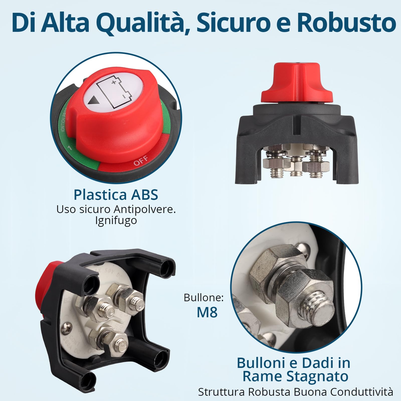 1+2 Staccabatteria Interruttore Doppia Batterie di Scollegamento 200A per Auto, Camper, Barca, Battery Switch Isolator On/Off 12V-48V, Impermeabilità IP45